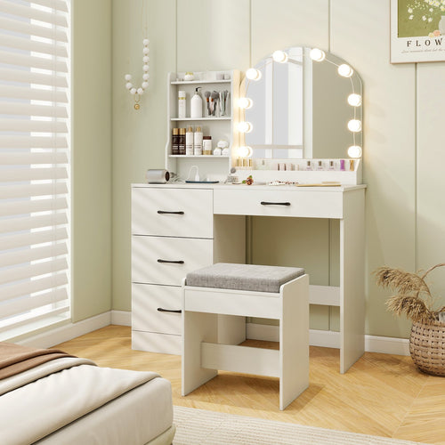 Makeup Vanity Desk Dressing Table and Stool Set with Mirror and Lights, White