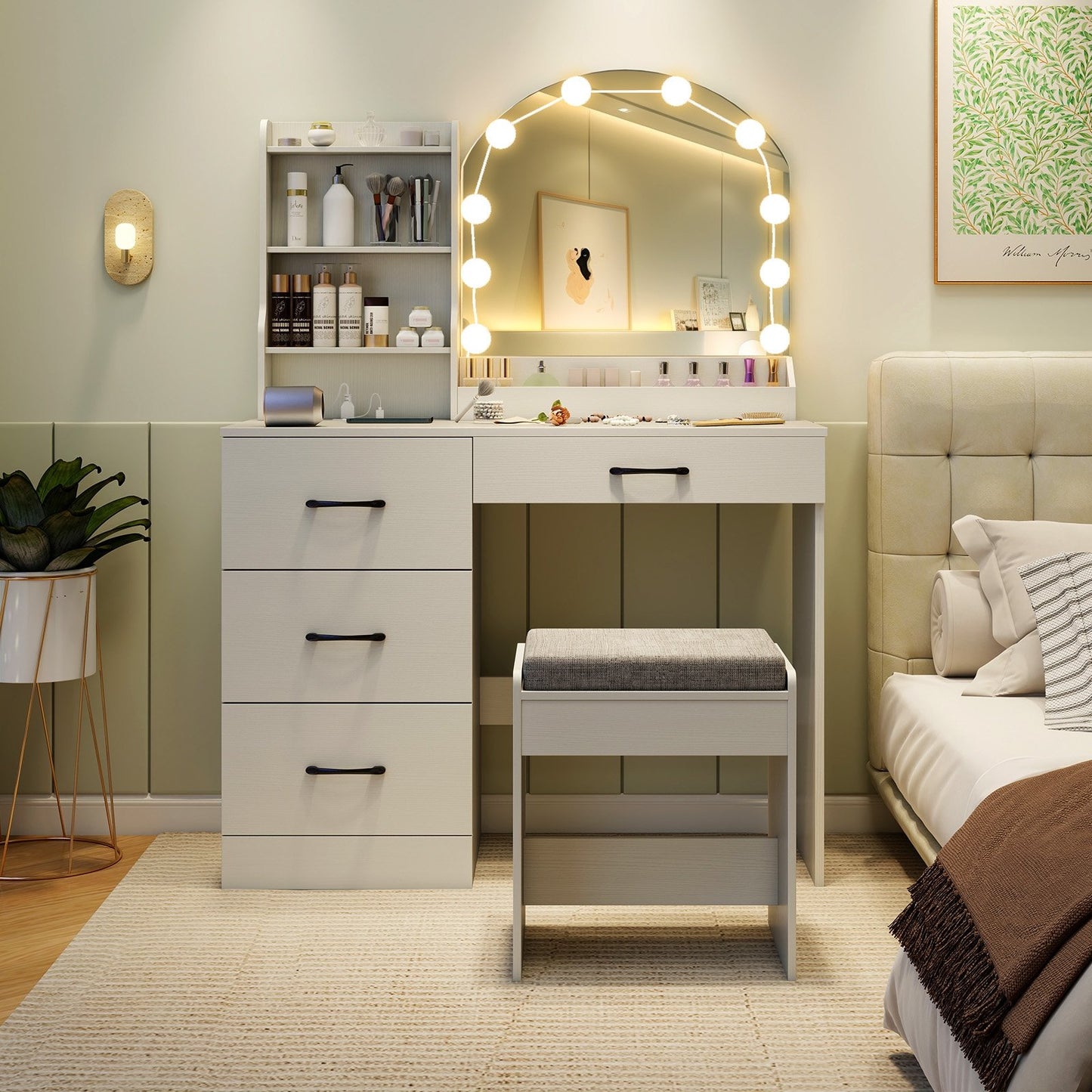 Makeup Vanity Desk Dressing Table and Stool Set with Mirror and Lights, White Makeup Vanities at Gallery Canada