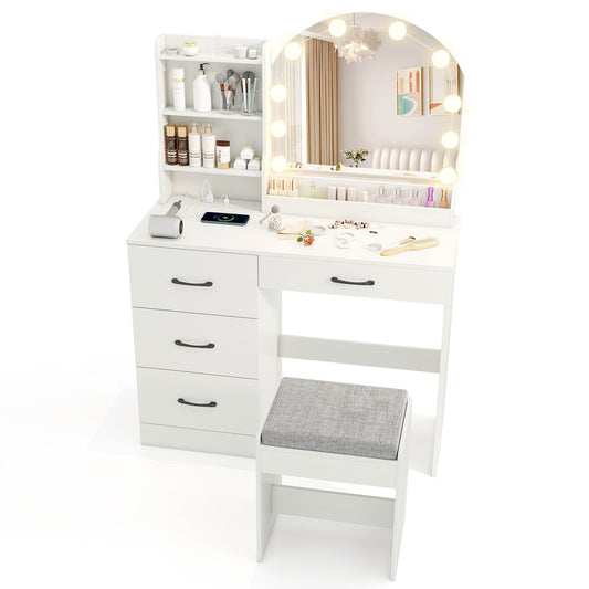 Makeup Vanity Desk Dressing Table and Stool Set with Mirror and Lights, White Makeup Vanities White at Gallery Canada