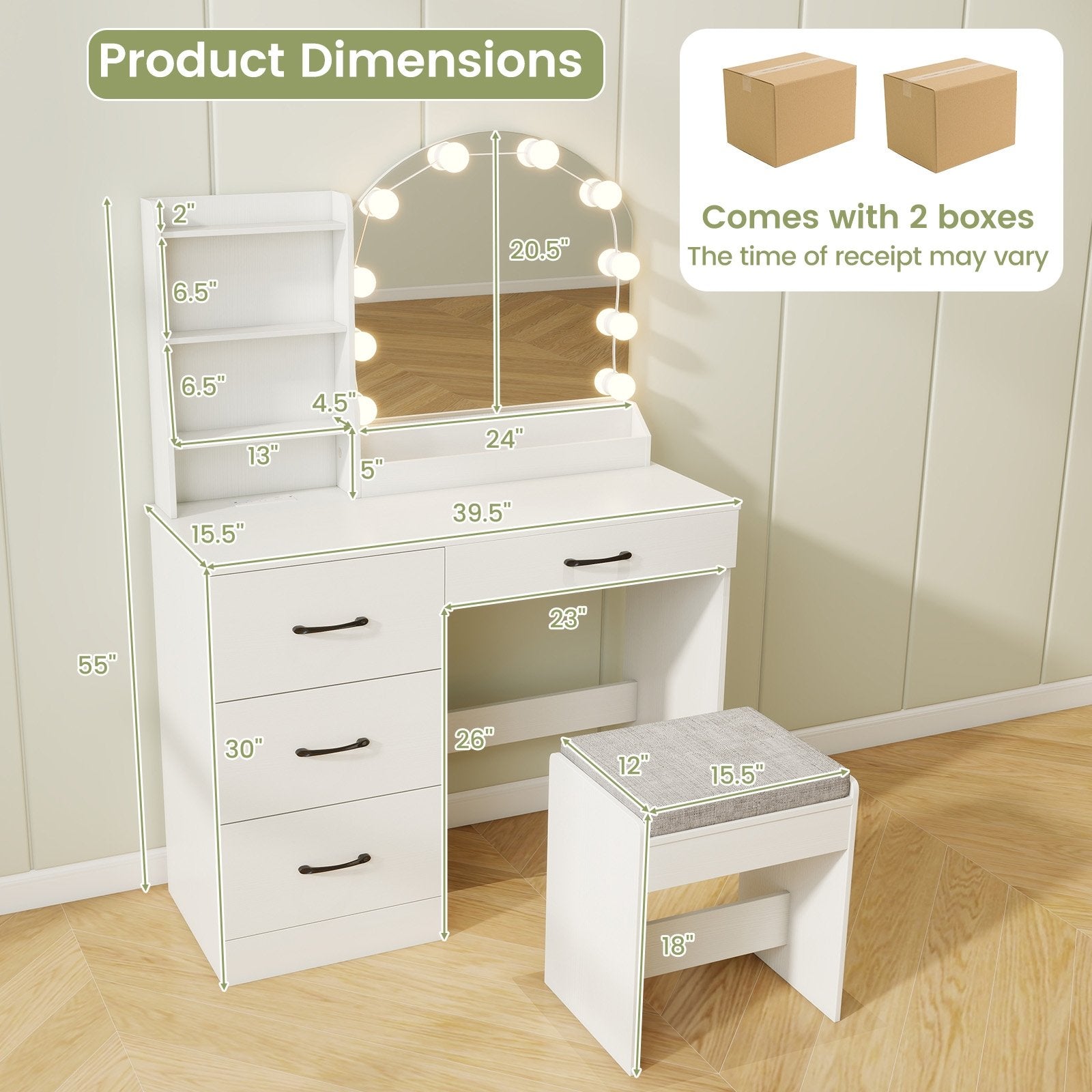 Makeup Vanity Desk Dressing Table and Stool Set with Mirror and Lights, White Makeup Vanities at Gallery Canada