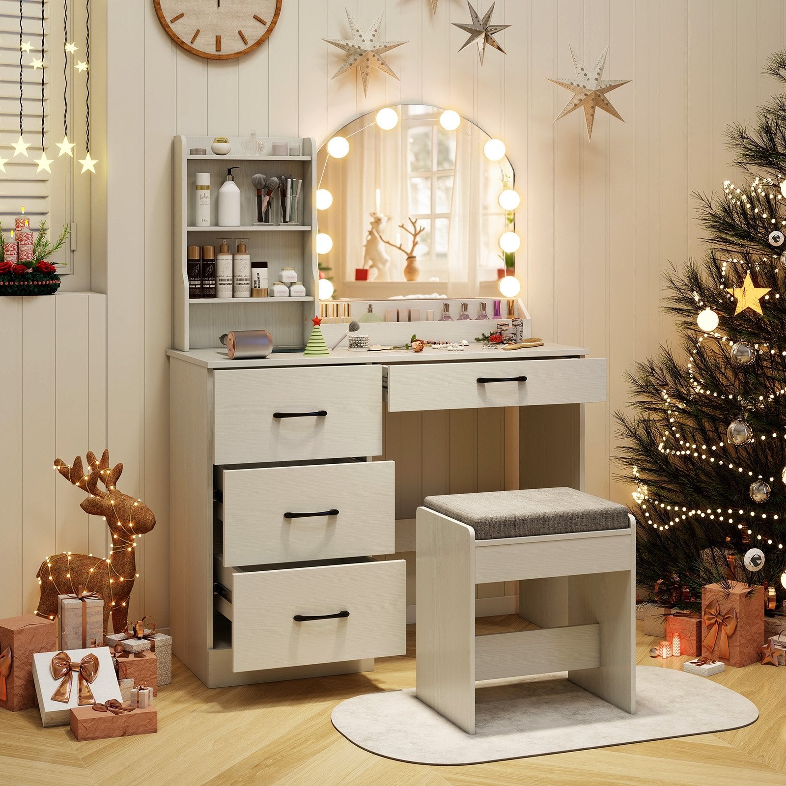 Makeup Vanity Desk Dressing Table and Stool Set with Mirror and Lights, White Makeup Vanities at Gallery Canada