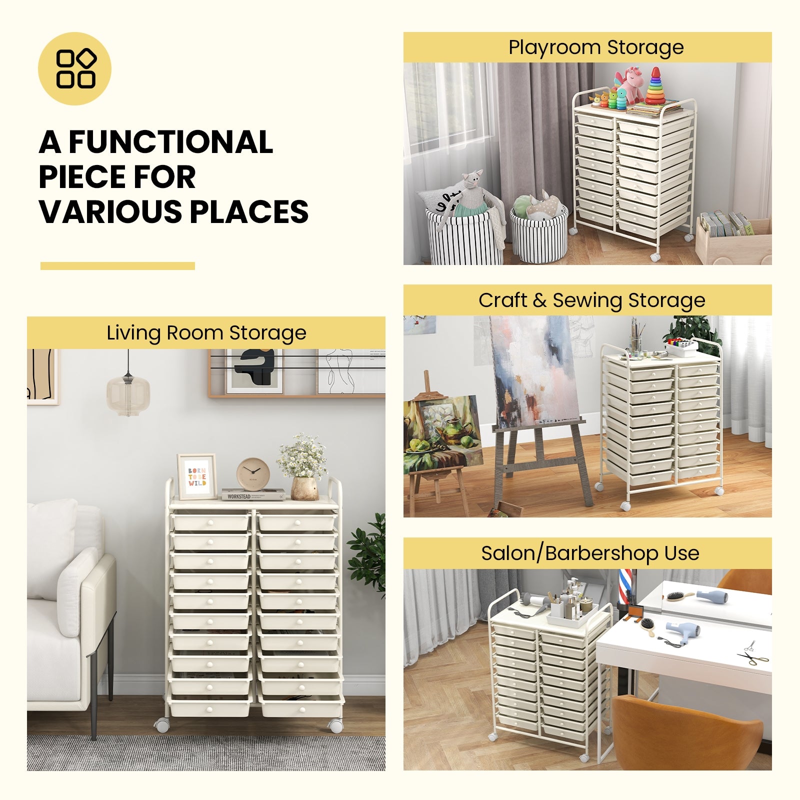 20 Drawers Rolling Storage Cart Studio Organizer, Beige File Cabinets at Gallery Canada