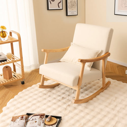 Upholstered Rocking Chair with Pillow and Rubber Wood Frame, Beige