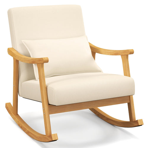 Upholstered Rocking Chair with Pillow and Rubber Wood Frame, Beige