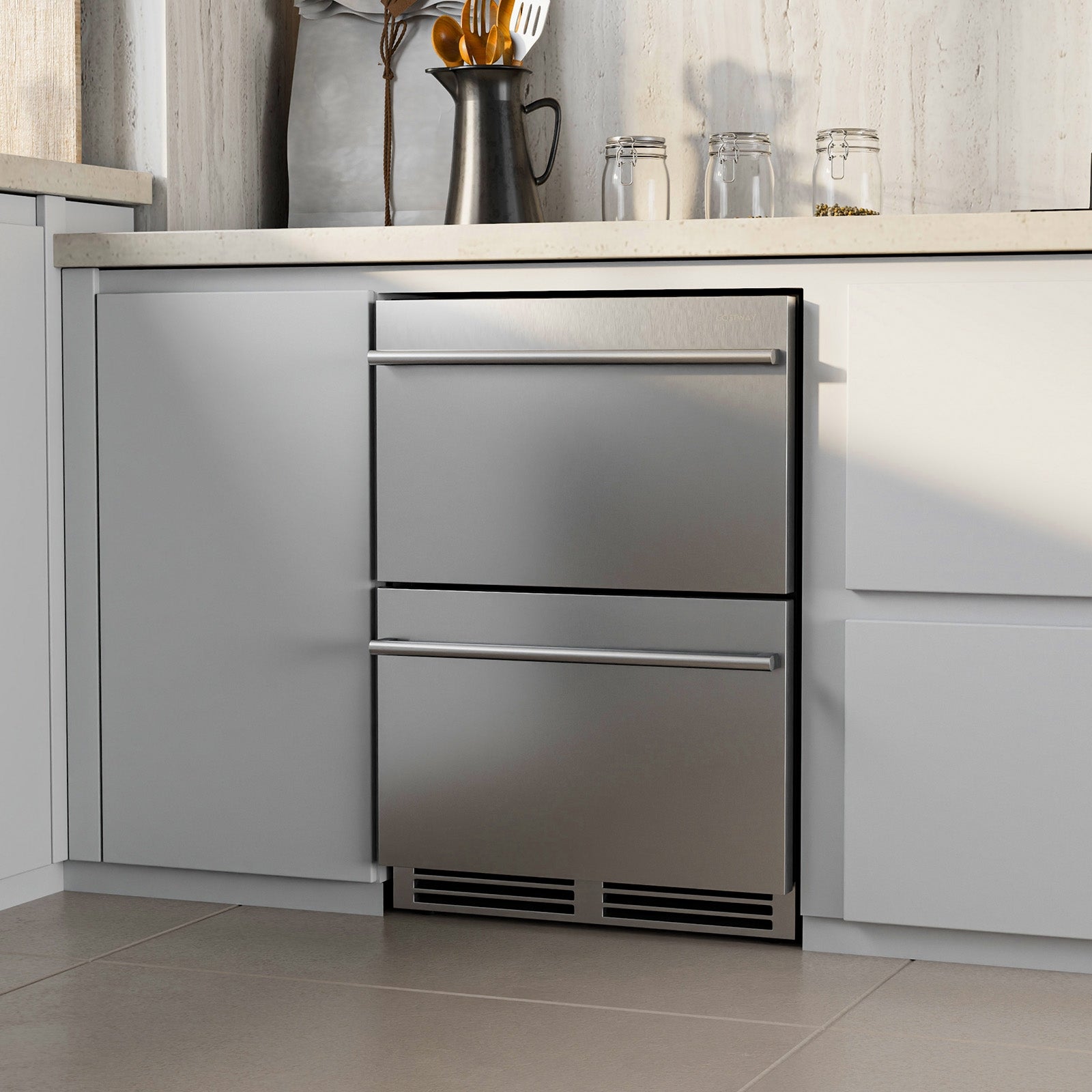 24 Inch Under Counter Dual Drawer Fridge with 37℉-64℉ Temperature Range, Silver Refrigerators at Gallery Canada