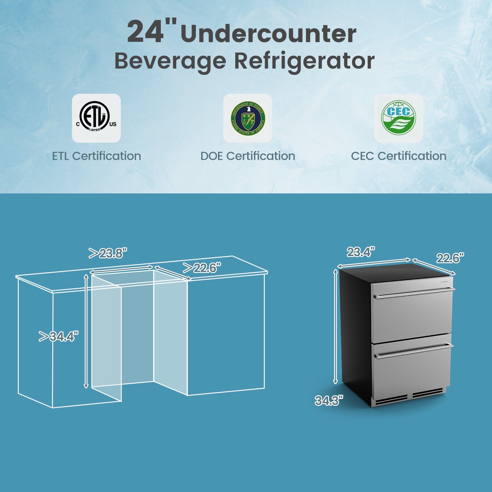 24 Inch Under Counter Dual Drawer Fridge with 37℉-64℉ Temperature Range, Silver Refrigerators at Gallery Canada