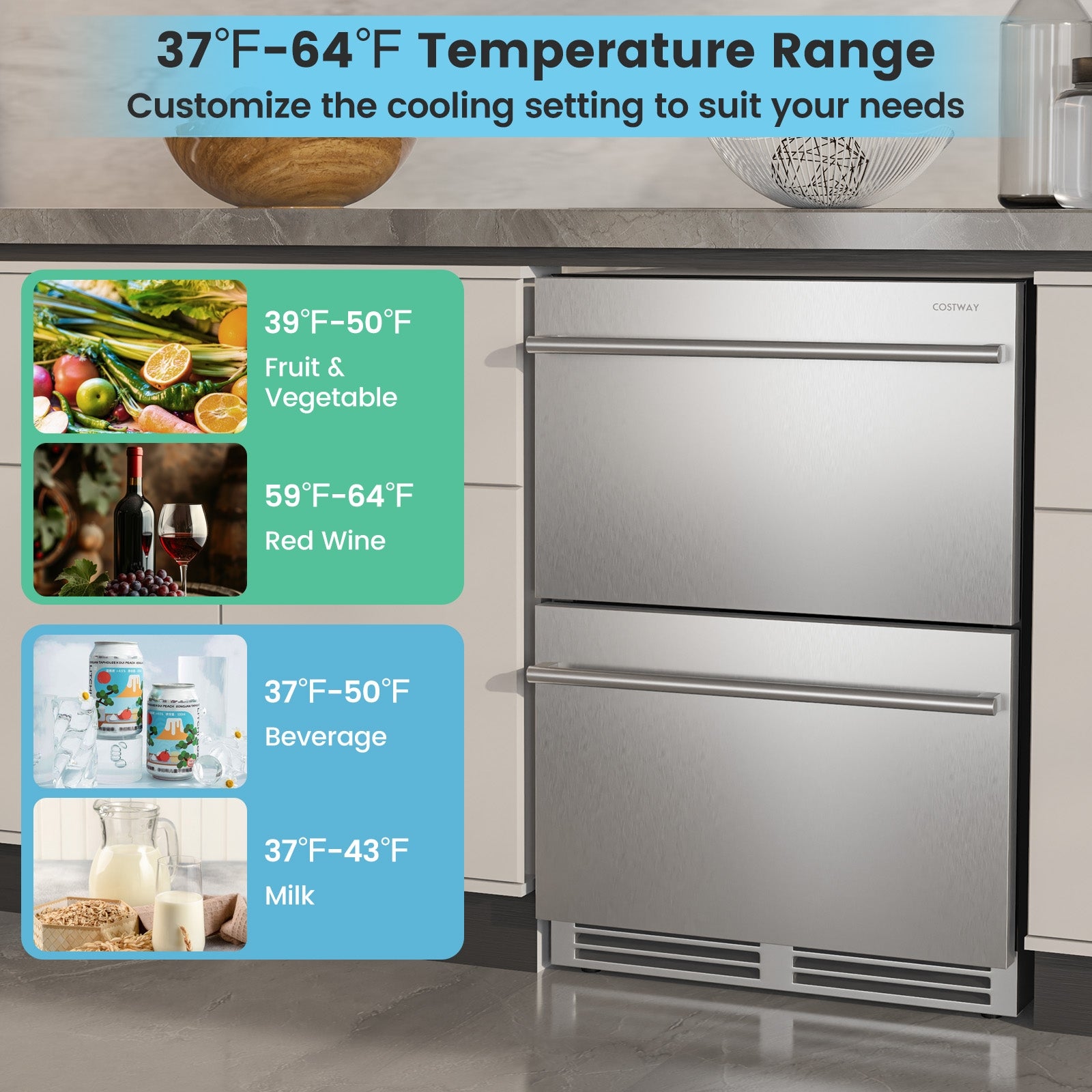 24 Inch Under Counter Dual Drawer Fridge with 37℉-64℉ Temperature Range, Silver Refrigerators at Gallery Canada