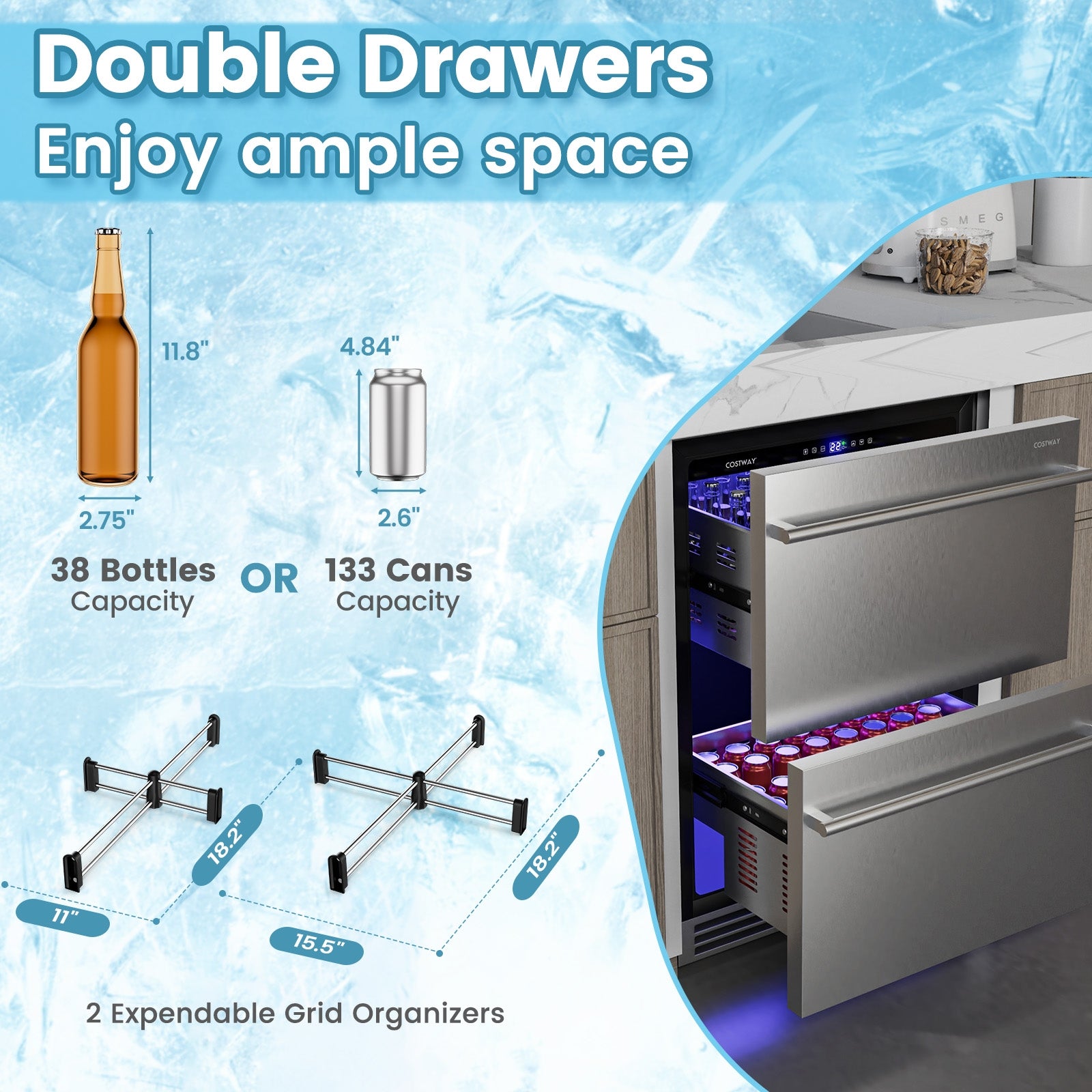 24 Inch Under Counter Dual Drawer Fridge with 37℉-64℉ Temperature Range, Silver Refrigerators at Gallery Canada