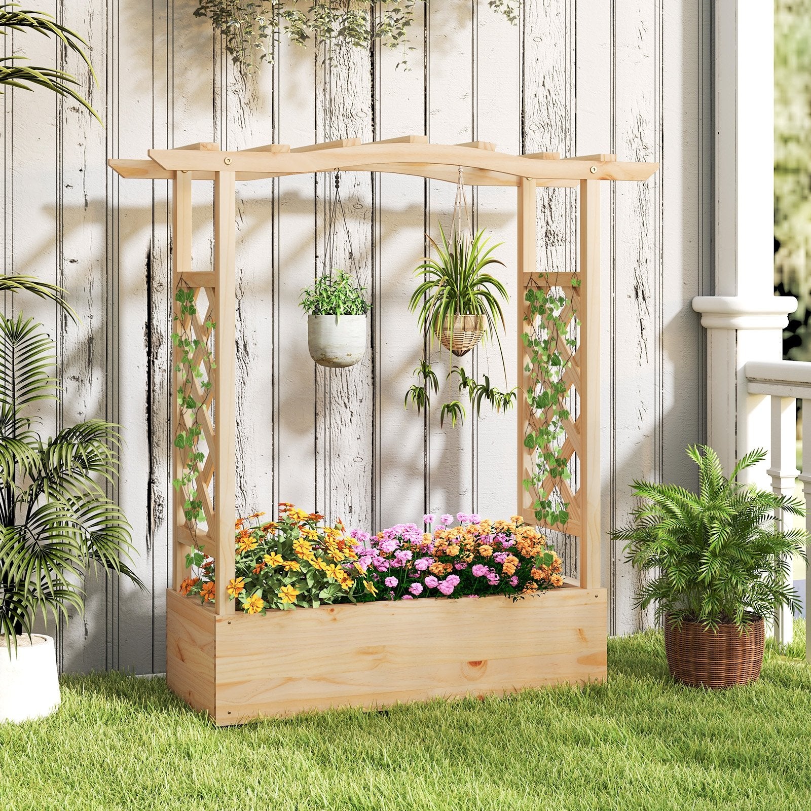 Wooden Raised Garden Bed Planter Box with Trellis and Hanging Roof Raised Garden Beds at Gallery Canada