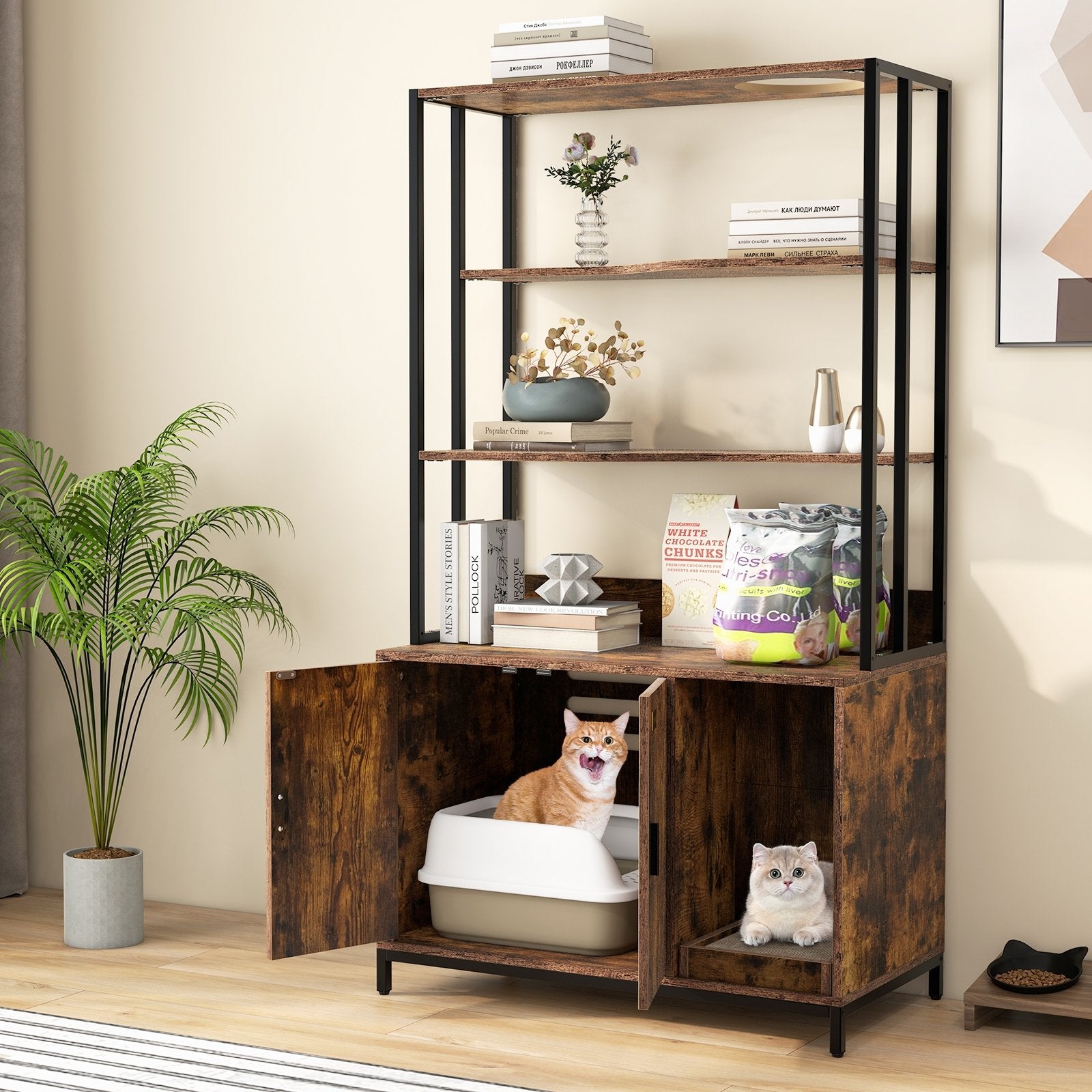 Cat Litter Box Enclosure with Storage and 3-tier Shelves, Rustic Brown Cat Houses at Gallery Canada