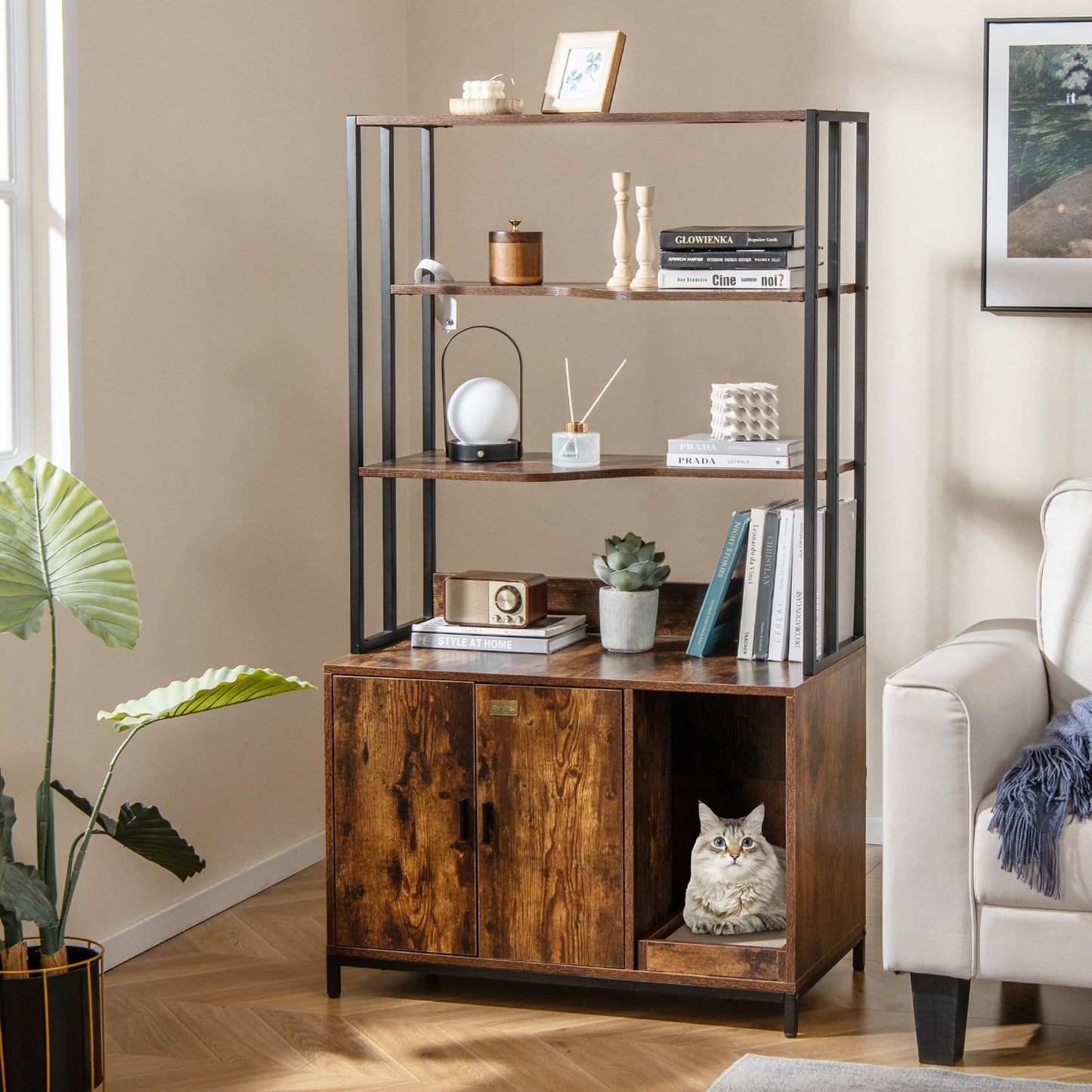 Cat Litter Box Enclosure with Storage and 3-tier Shelves, Rustic Brown Cat Houses at Gallery Canada