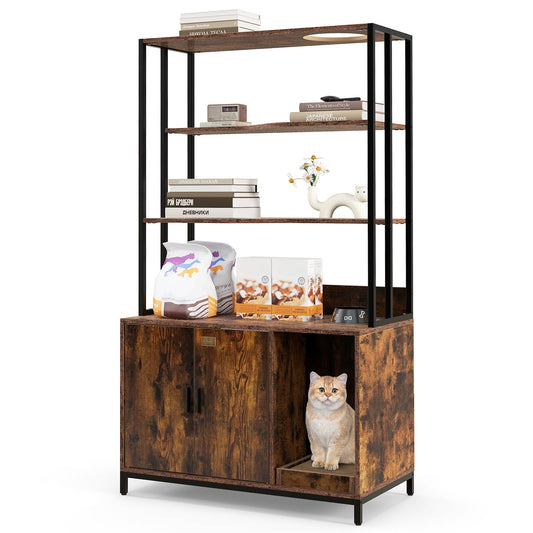 Cat Litter Box Enclosure with Storage and 3-tier Shelves, Rustic Brown Cat Houses Rustic Brown at Gallery Canada