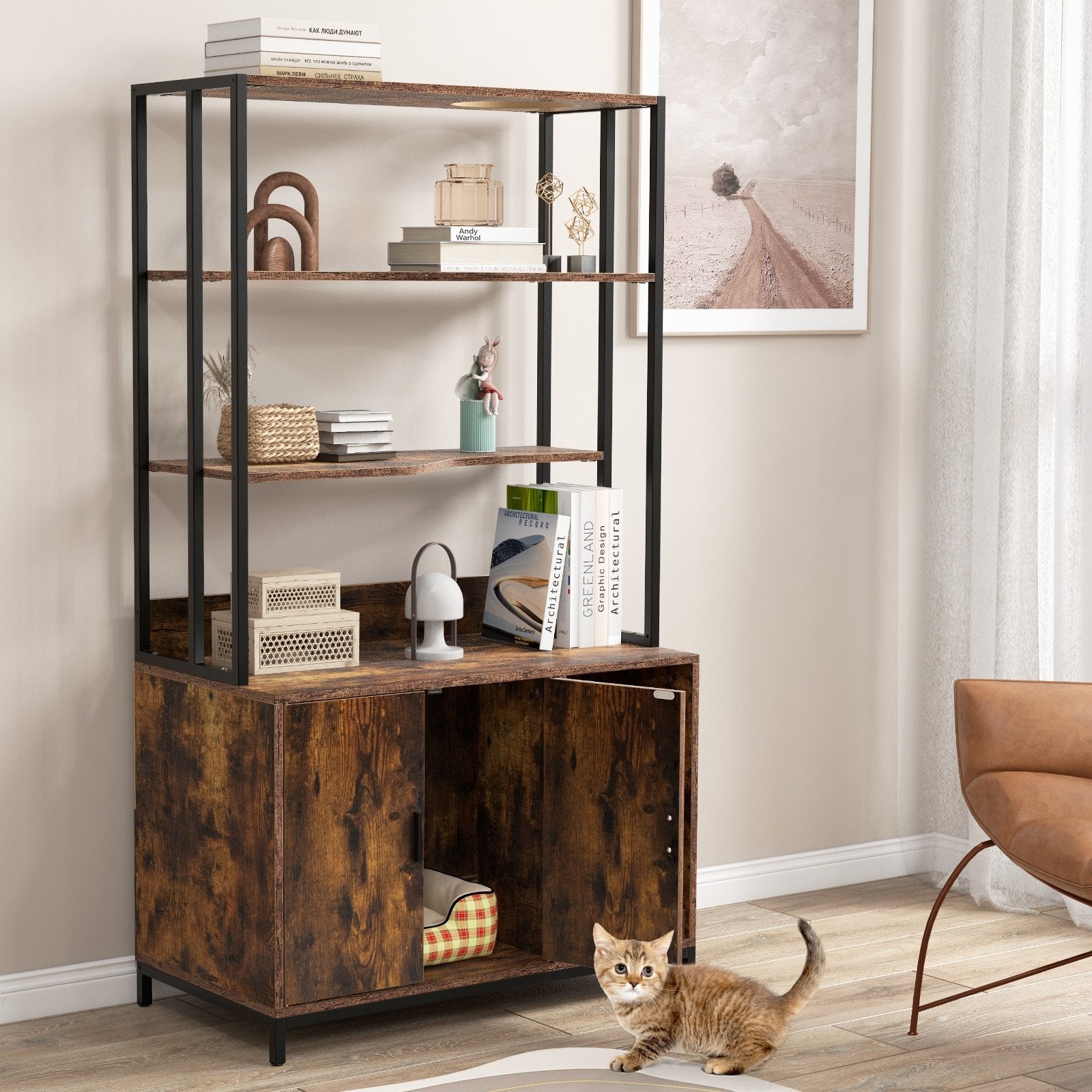 Cat Litter Box Enclosure with Storage and 3-tier Shelves, Rustic Brown Cat Houses at Gallery Canada