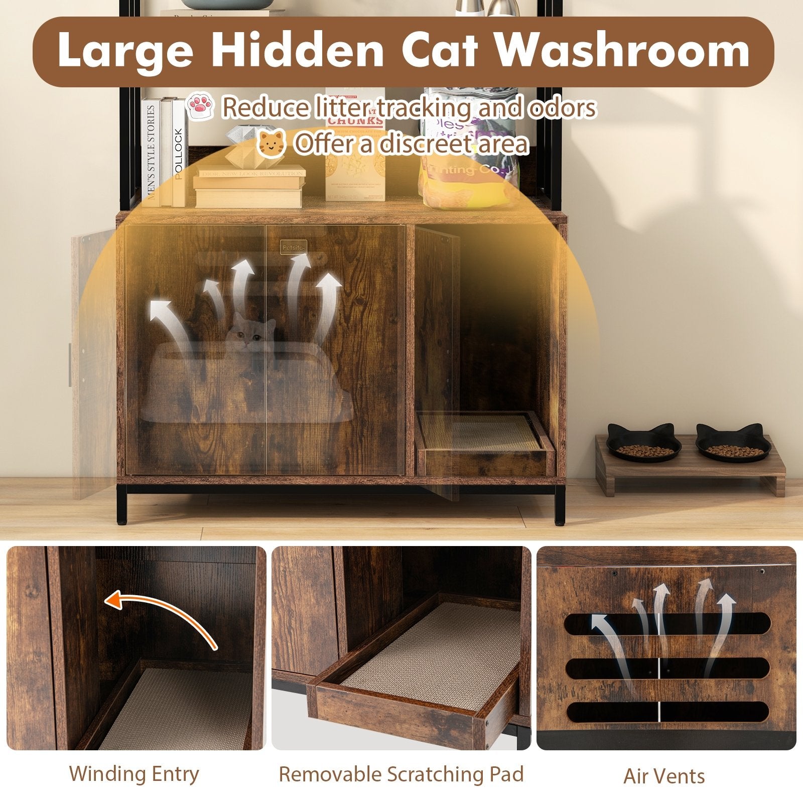 Cat Litter Box Enclosure with Storage and 3-tier Shelves, Rustic Brown Cat Houses at Gallery Canada