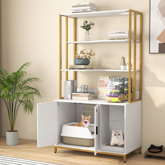 Cat Litter Box Enclosure with Storage and 3-tier Shelves, White Cat Houses White at Gallery Canada