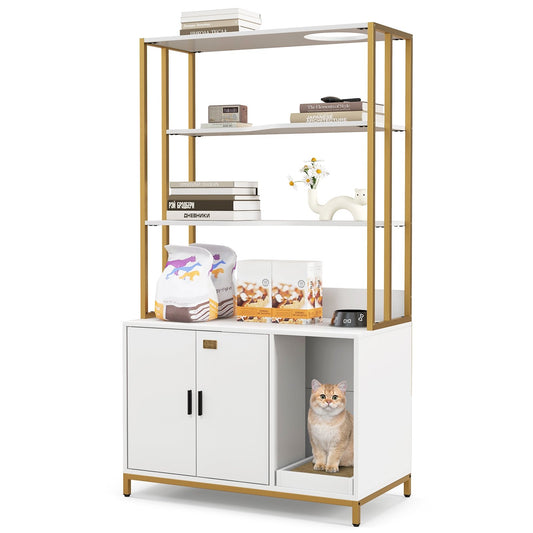 Cat Litter Box Enclosure with Storage and 3-tier Shelves, White Cat Houses White at Gallery Canada