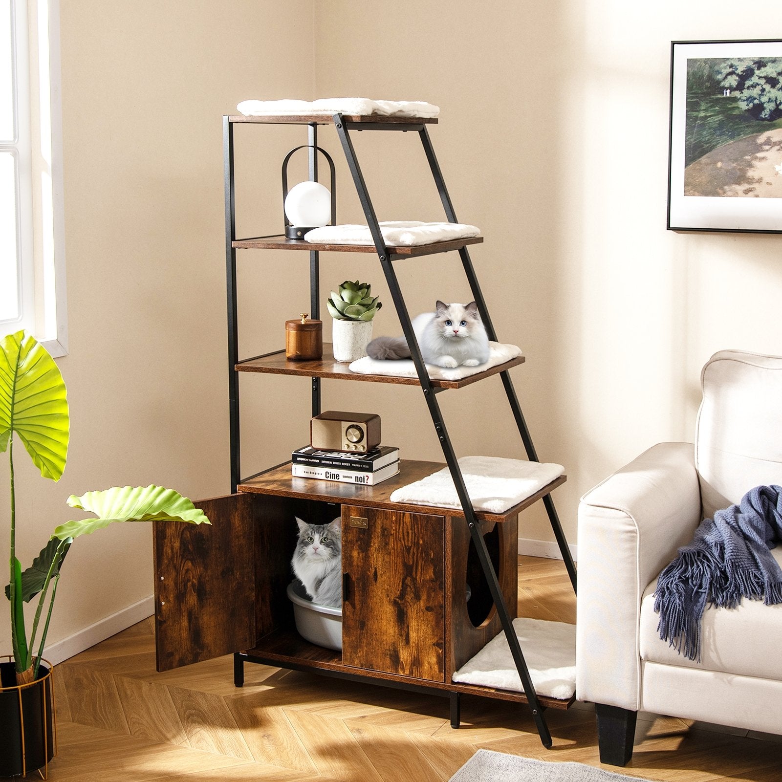 Large Cat Litter Box Enclosure with Storage and Ladder Shelf, Rustic Brown Cat Houses at Gallery Canada