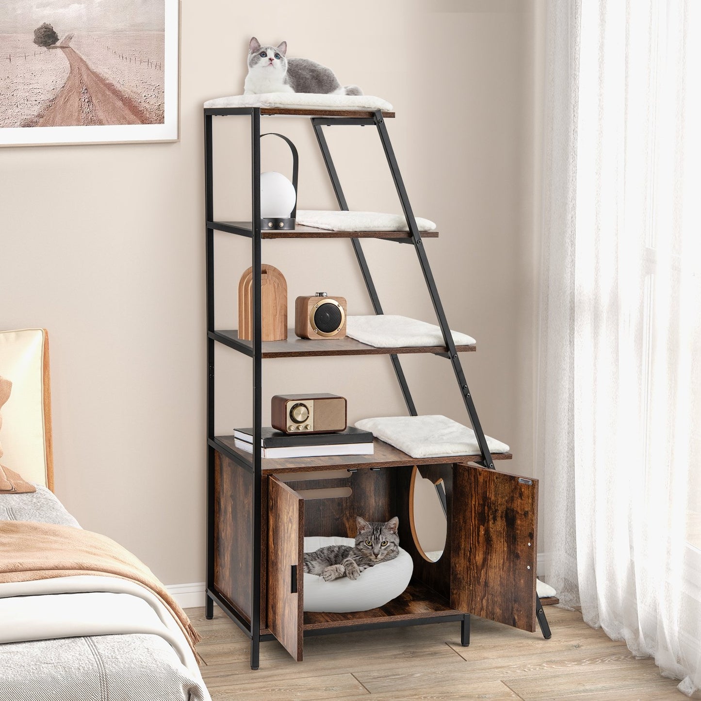 Large Cat Litter Box Enclosure with Storage and Ladder Shelf, Rustic Brown Cat Houses at Gallery Canada