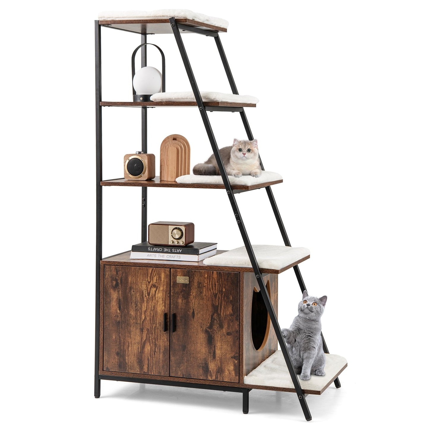 Large Cat Litter Box Enclosure with Storage and Ladder Shelf, Rustic Brown Cat Houses Rustic Brown at Gallery Canada