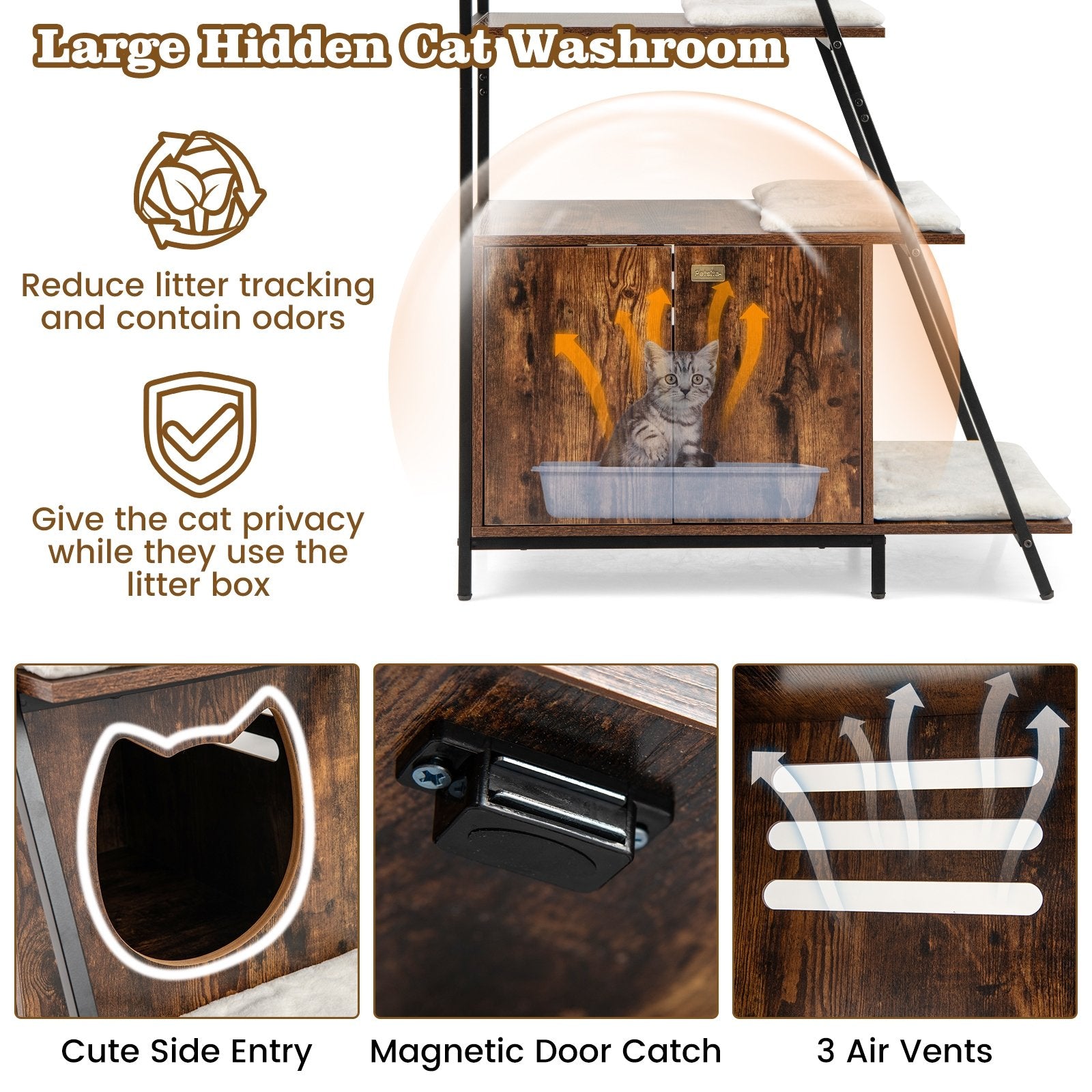 Large Cat Litter Box Enclosure with Storage and Ladder Shelf, Rustic Brown Cat Houses at Gallery Canada