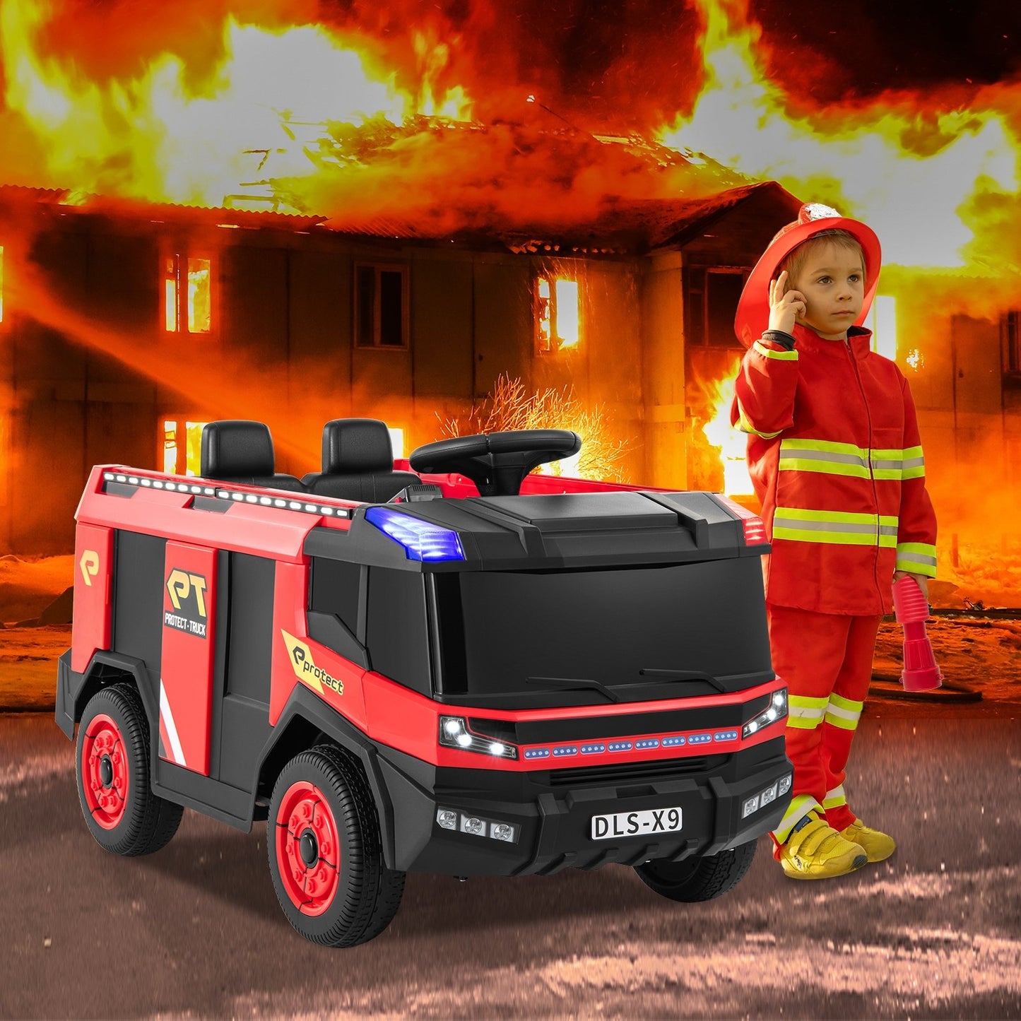 12V Kids Ride on Fire Truck 2-Seater with Remote Control and Water Gun, Red Powered Ride On Toys at Gallery Canada