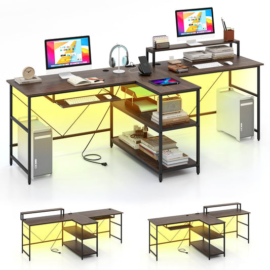 2-Person Reversible Computer Desk Long Office Desk with LED Lights, Walnut Computer Desks Walnut  at Gallery Canada