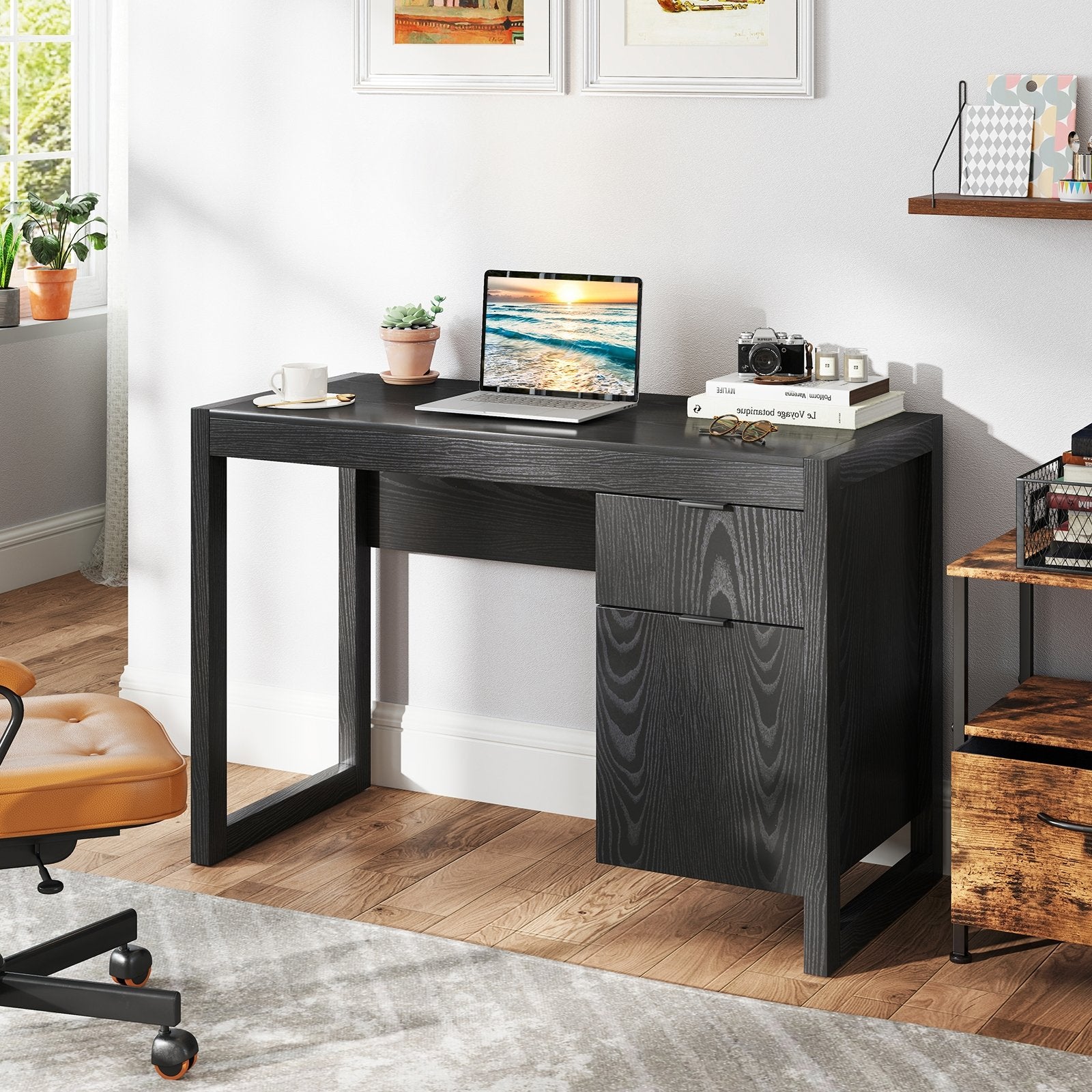 Modern Computer Desk Writing Workstation with Cabinet and Drawer, Black Writing Desks at Gallery Canada