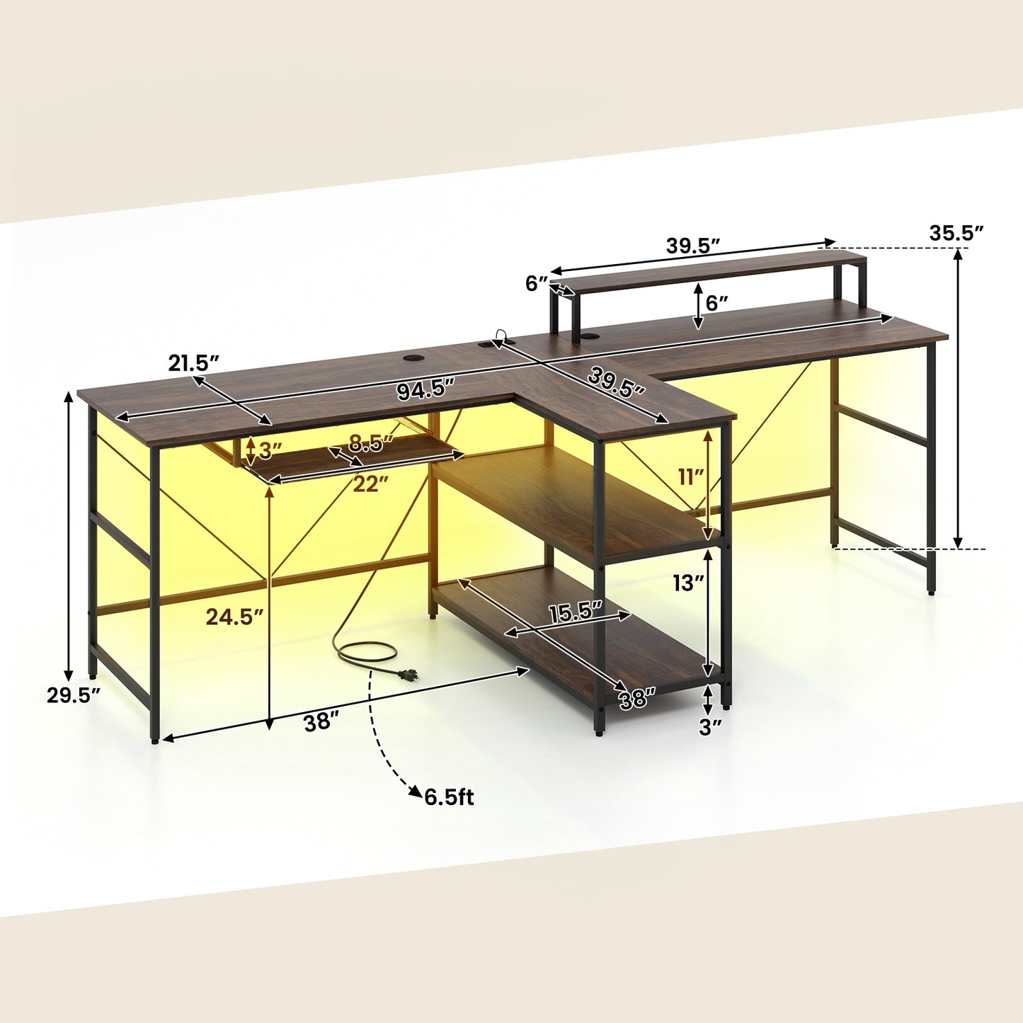 2-Person Reversible Computer Desk Long Office Desk with LED Lights, Walnut Computer Desks   at Gallery Canada