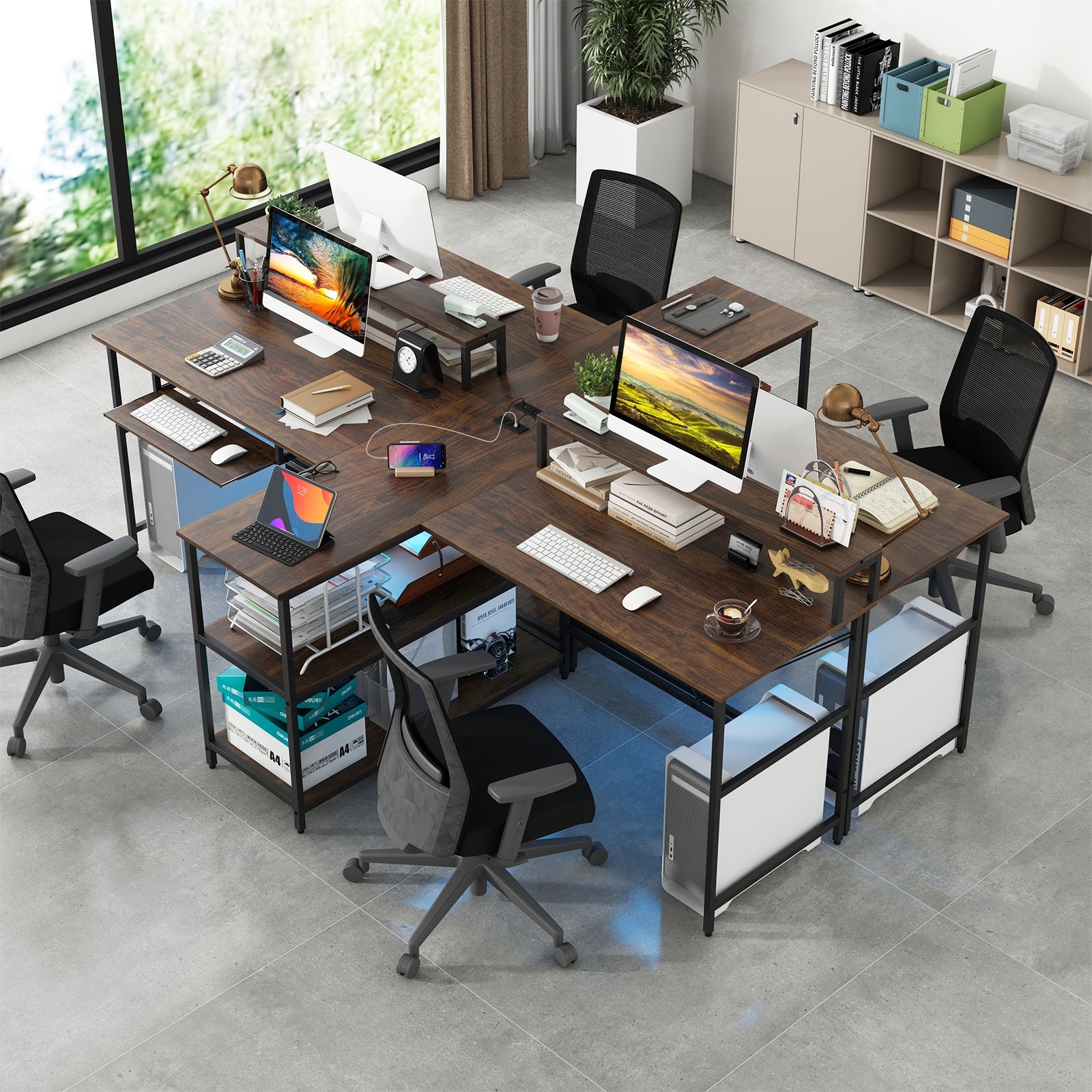 2-Person Reversible Computer Desk Long Office Desk with LED Lights, Walnut Computer Desks   at Gallery Canada