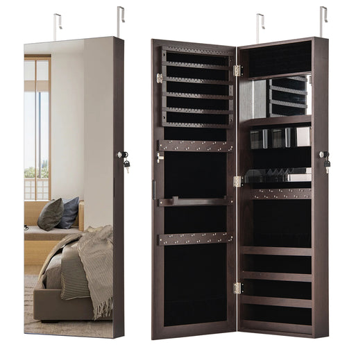 43.5 Inch Jewelry Mirror Cabinet with Full-length Mirror and Adjustable Hangers, Dark Brown