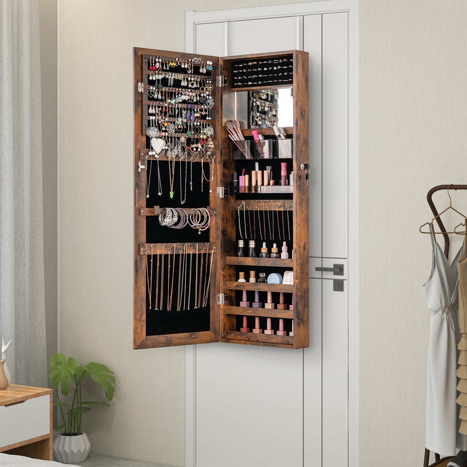 43.5 Inch Jewelry Mirror Cabinet with Full-length Mirror and Adjustable Hangers, Rustic Brown Jewelry Armoires at Gallery Canada