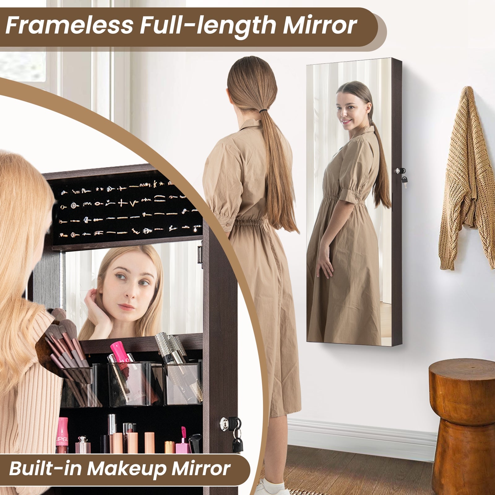 43.5 Inch Jewelry Mirror Cabinet with Full-length Mirror and Adjustable Hangers, Dark Brown Jewelry Armoires at Gallery Canada