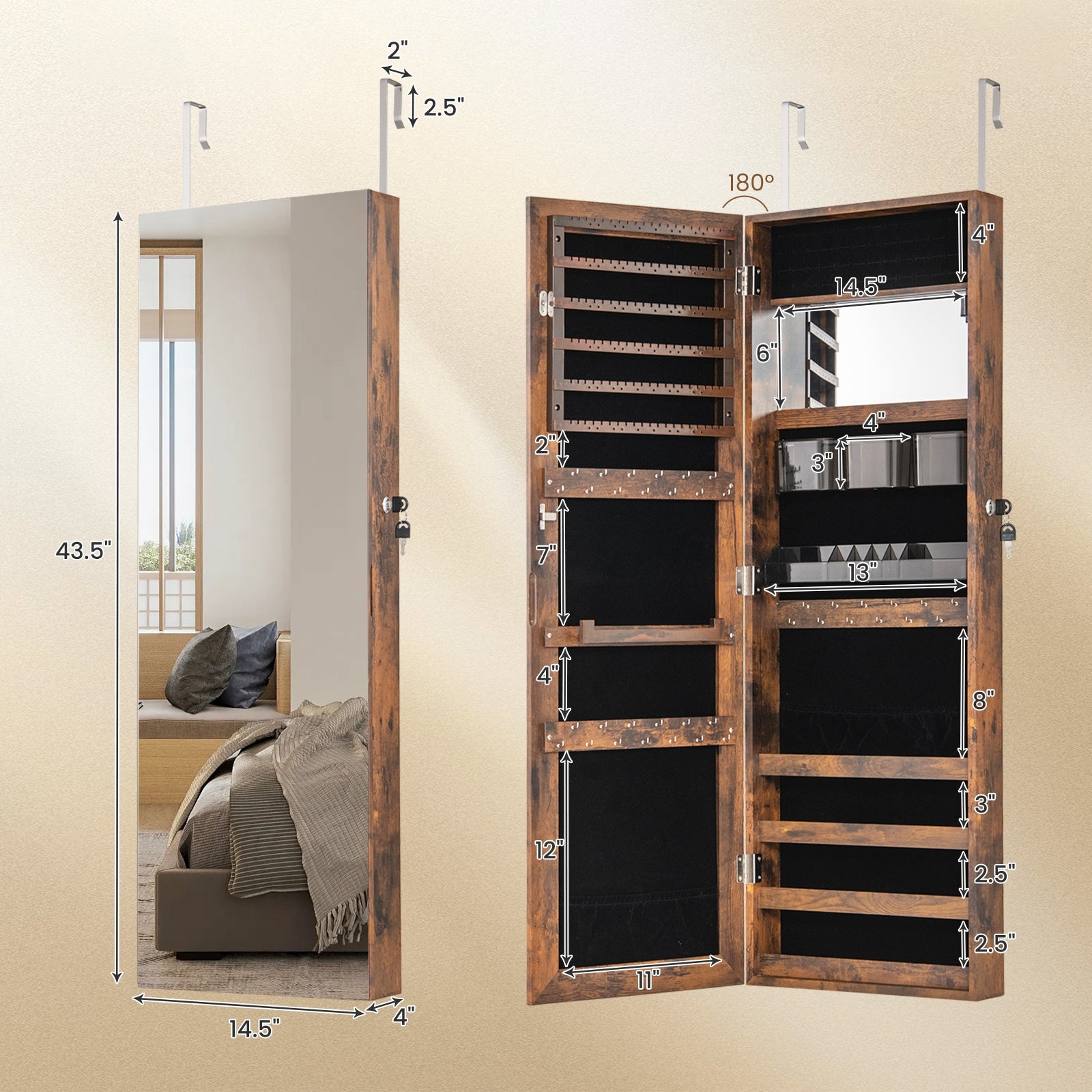 43.5 Inch Jewelry Mirror Cabinet with Full-length Mirror and Adjustable Hangers, Rustic Brown Jewelry Armoires at Gallery Canada