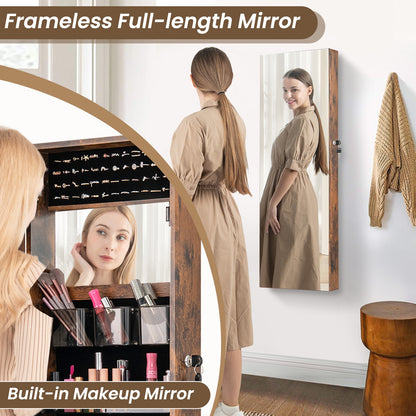 43.5 Inch Jewelry Mirror Cabinet with Full-length Mirror and Adjustable Hangers, Rustic Brown Jewelry Armoires at Gallery Canada