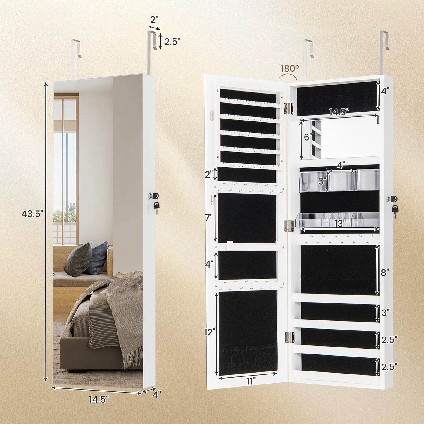 43.5 Inch Jewelry Mirror Cabinet with Full-length Mirror and Adjustable Hangers, White Jewelry Armoires at Gallery Canada