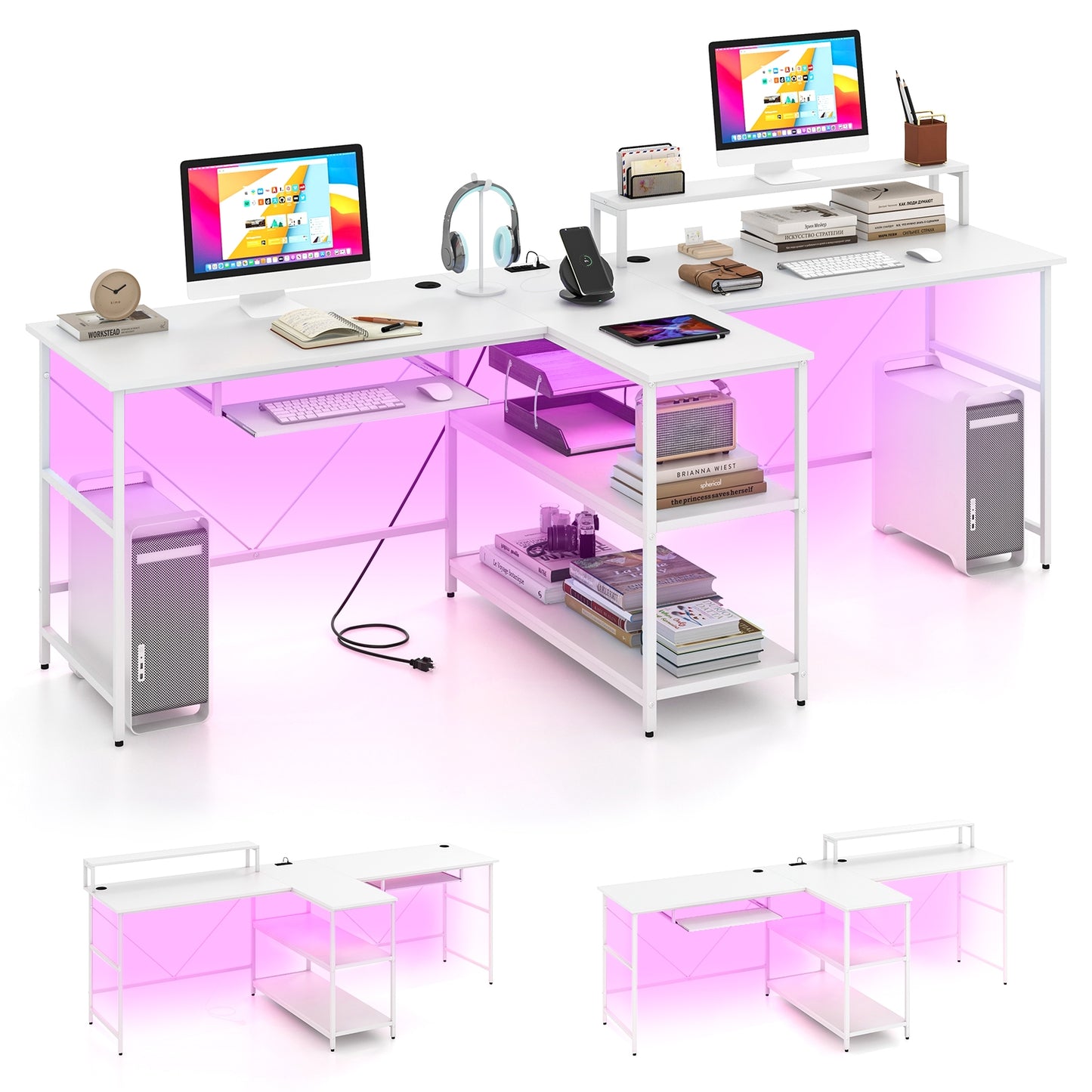 2-Person Reversible Computer Desk Long Office Desk with LED Lights, White Computer Desks White  at Gallery Canada