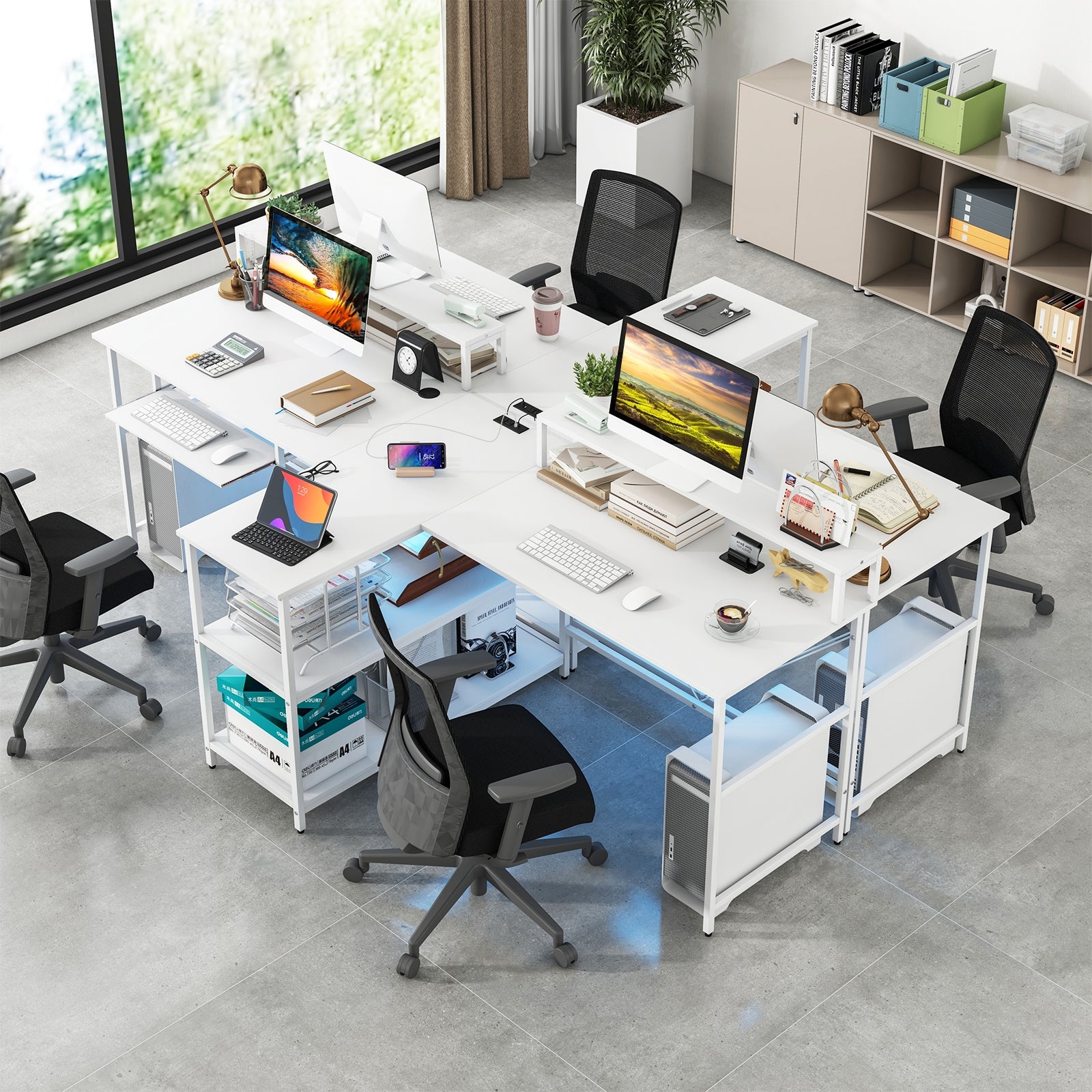 2-Person Reversible Computer Desk Long Office Desk with LED Lights, White Computer Desks   at Gallery Canada