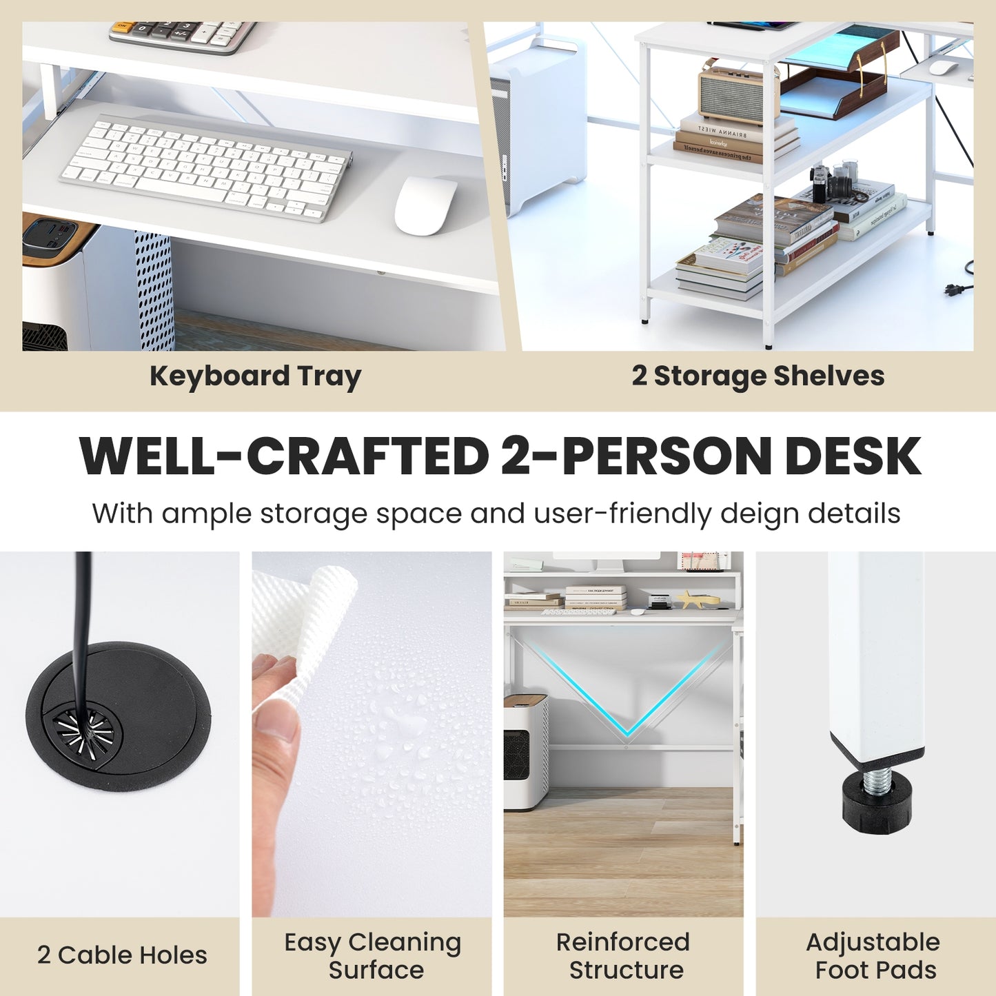 2-Person Reversible Computer Desk Long Office Desk with LED Lights, White Computer Desks   at Gallery Canada