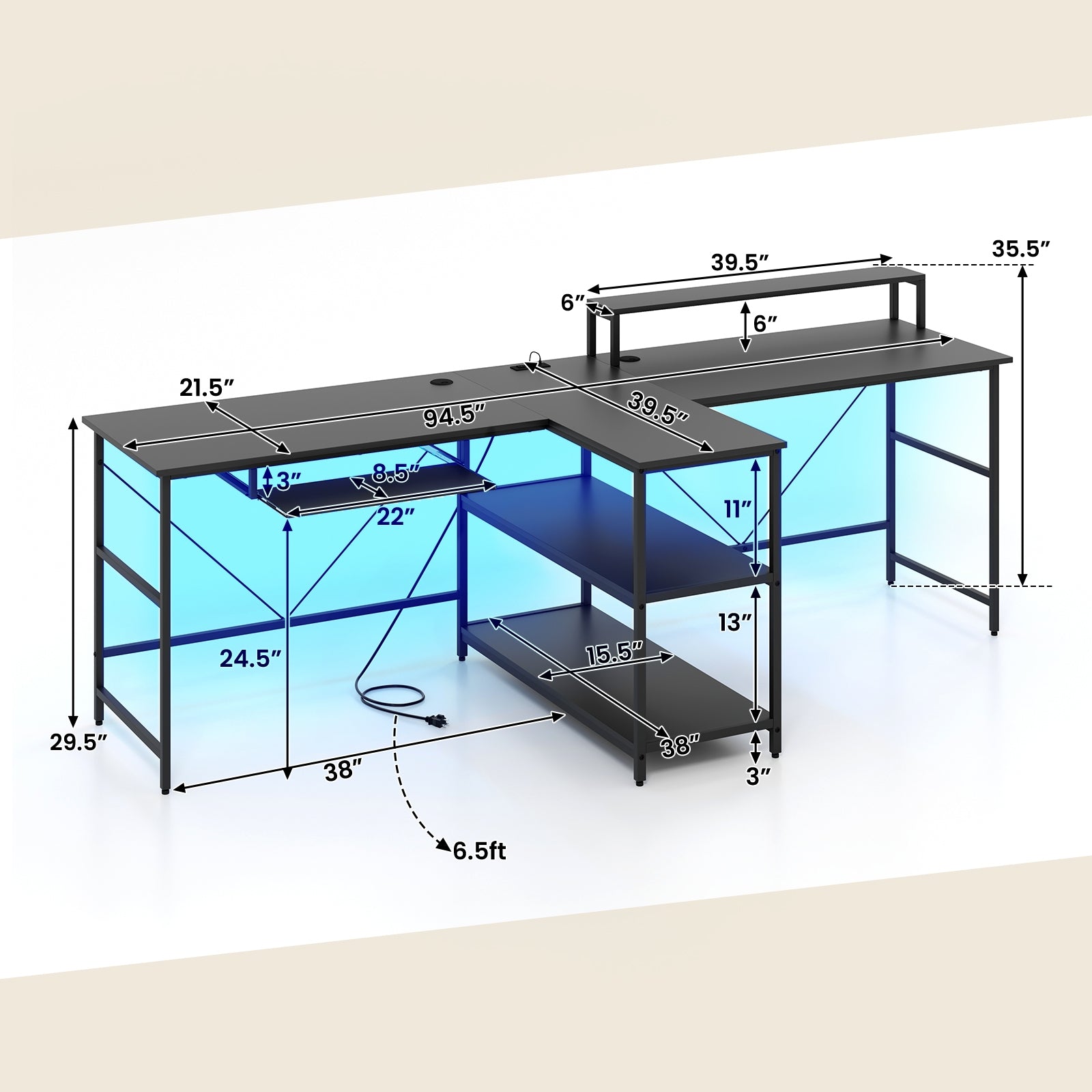 2-Person Reversible Computer Desk Long Office Desk with LED Lights, Black Computer Desks   at Gallery Canada