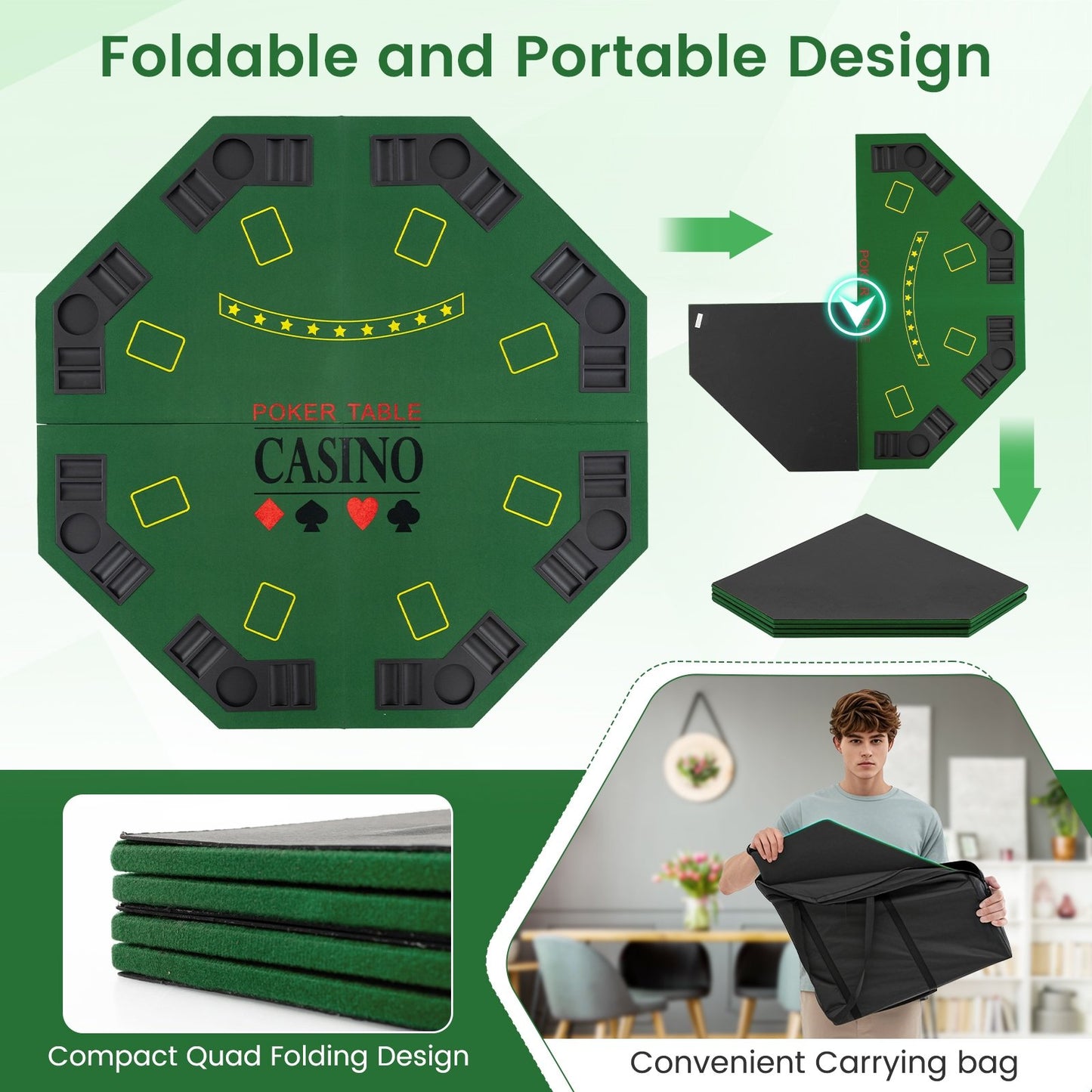 8-Player Foldable Poker Table Top with Carrying Bag, Green Game Room at Gallery Canada