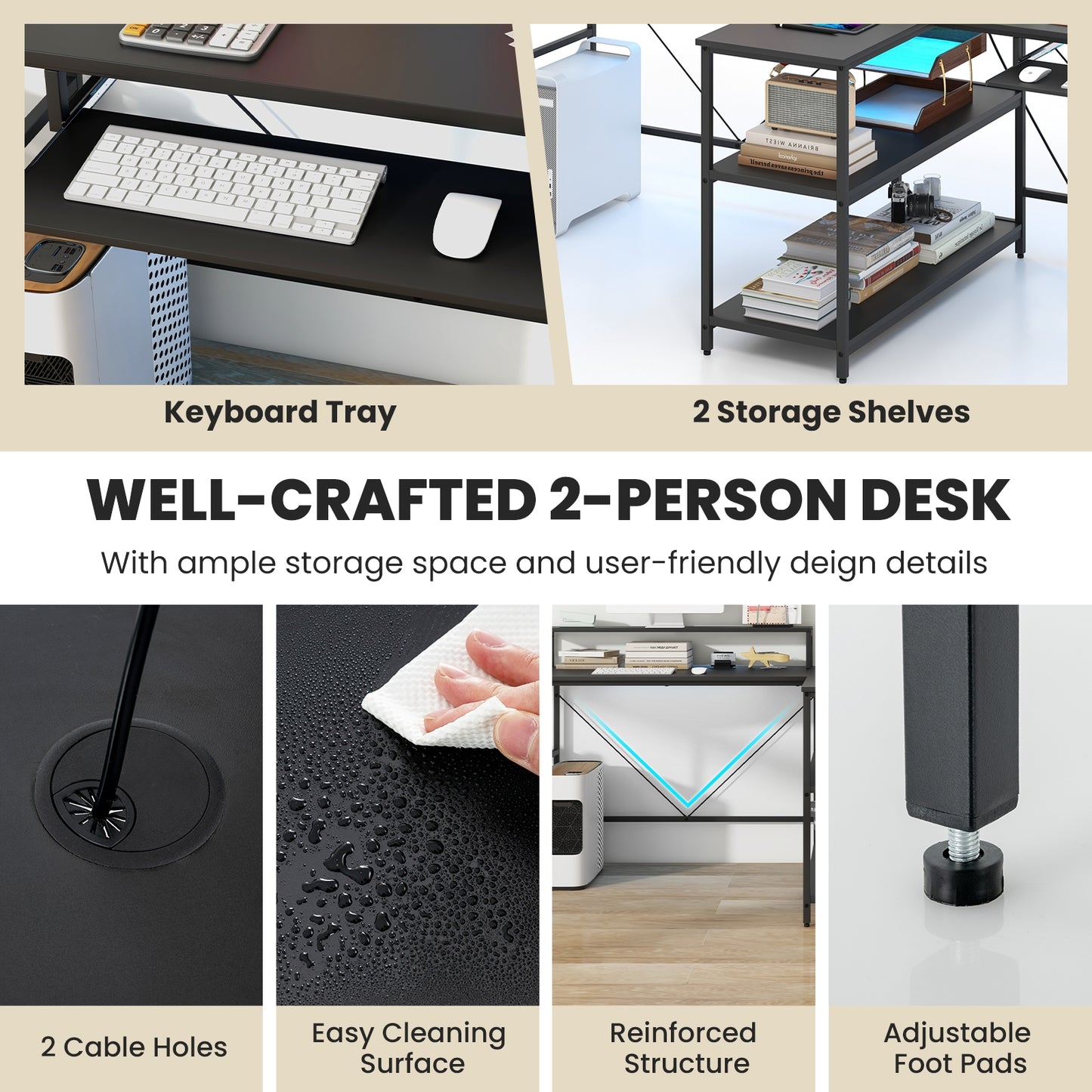 2-Person Reversible Computer Desk Long Office Desk with LED Lights, Black Computer Desks   at Gallery Canada