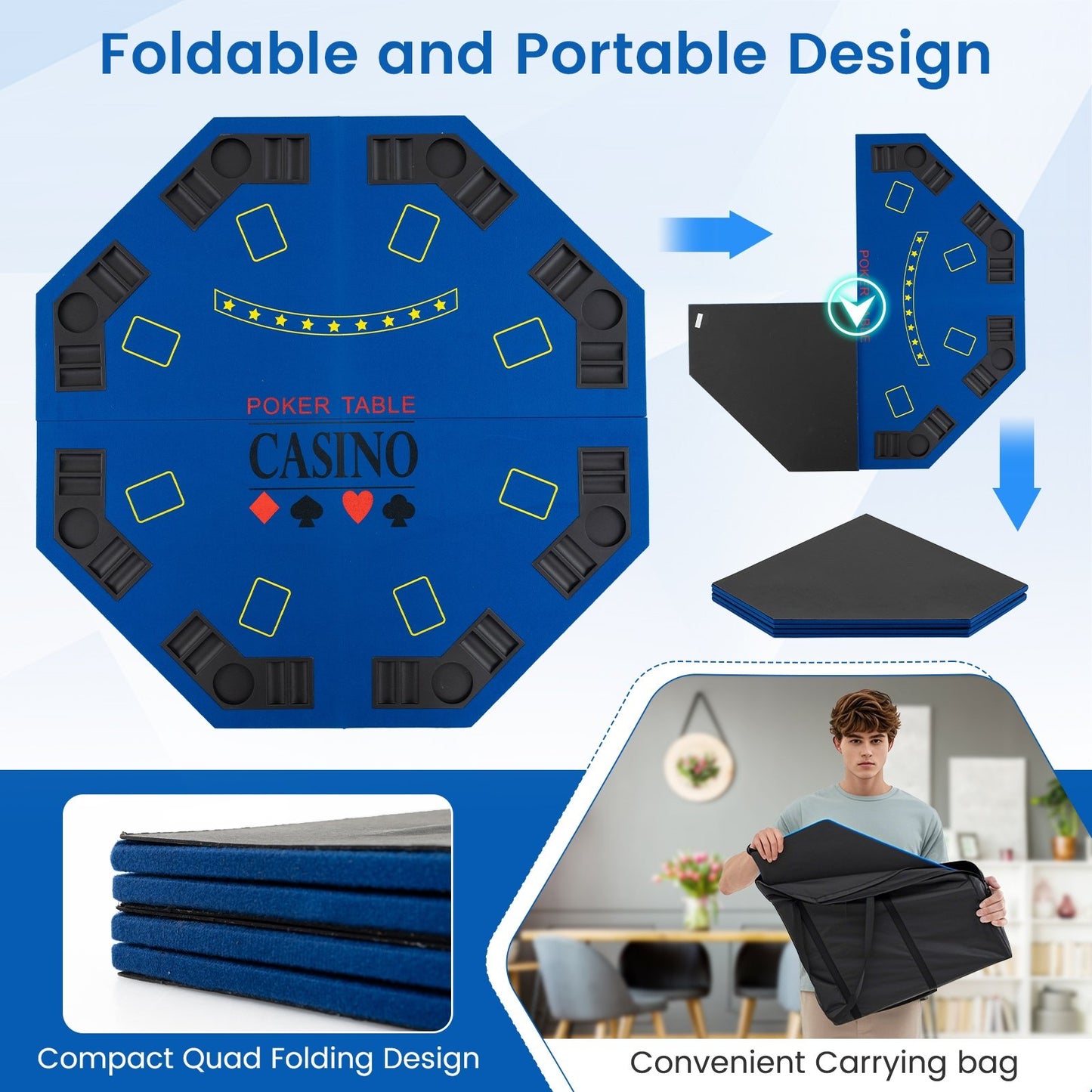 8-Player Foldable Poker Table Top with Carrying Bag, Blue Game Room at Gallery Canada