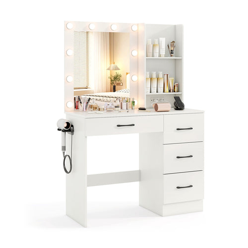 Vanity Desk with 3-Color Lights and Power Outlets, White