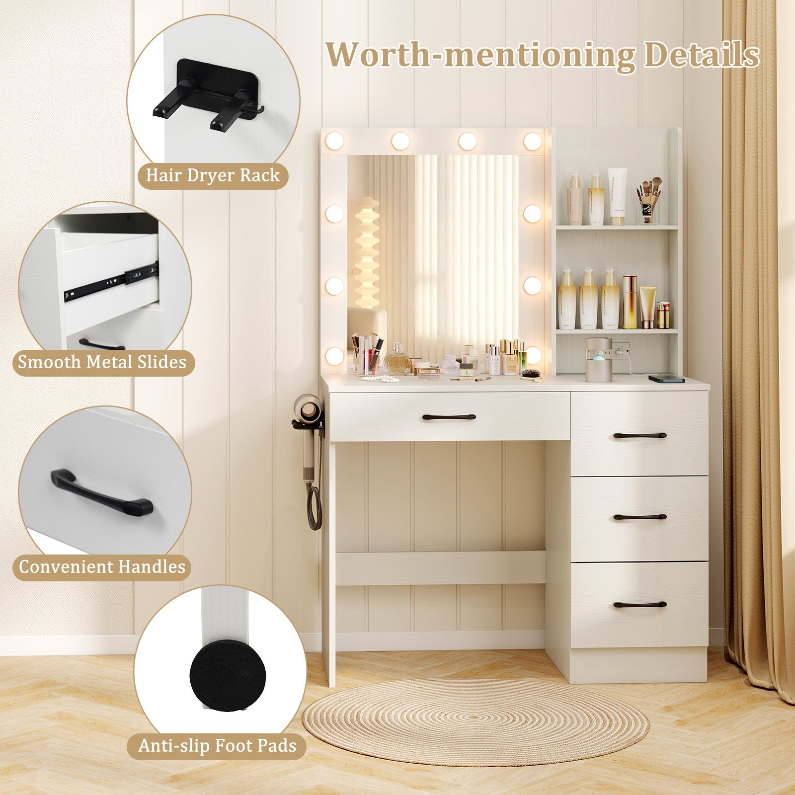 Vanity Desk with 3-Color Lights and Power Outlets, White Dressers & Chests at Gallery Canada