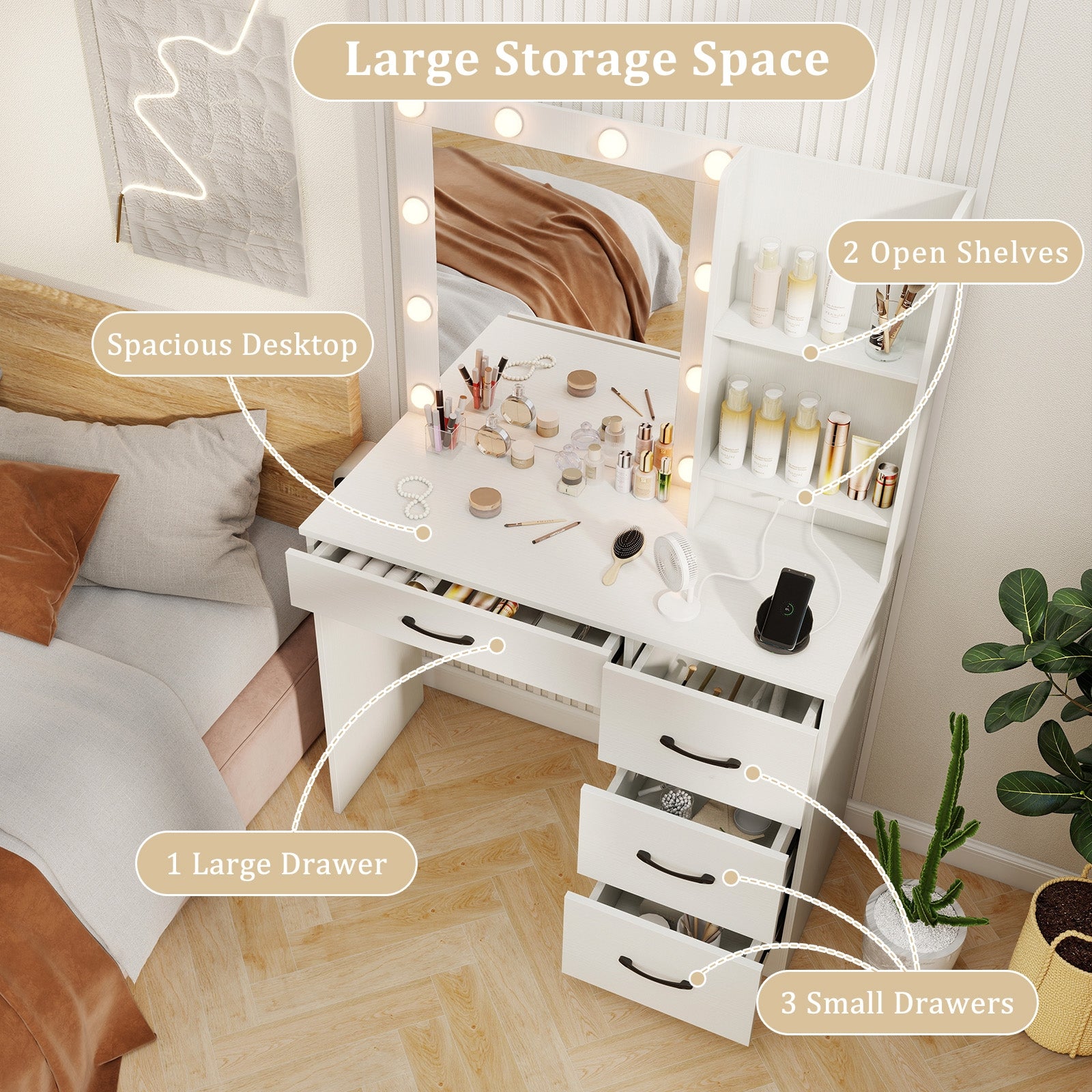 Vanity Desk with 3-Color Lights and Power Outlets, White Dressers & Chests at Gallery Canada