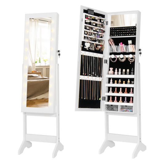 Mirror Jewelry Cabinet with 20 Warm Lights and 4 Tilt Angles, White Floor Mirrors White at Gallery Canada