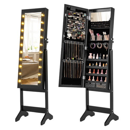 Mirror Jewelry Cabinet with 20 Warm Lights and 4 Tilt Angles, Black