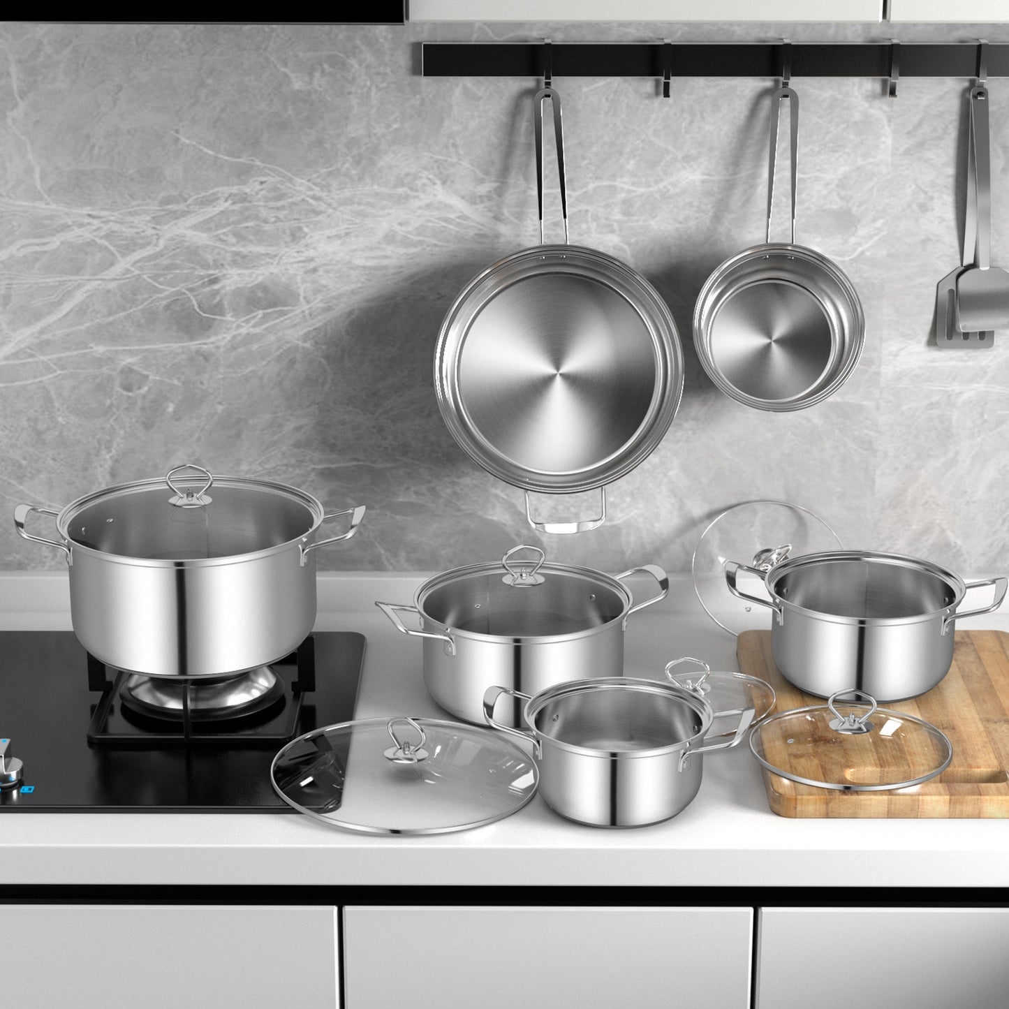 12 Piece Pots and Pans Set with Tempered Glass Lids and Handles, Silver Cookware & Bakeware at Gallery Canada