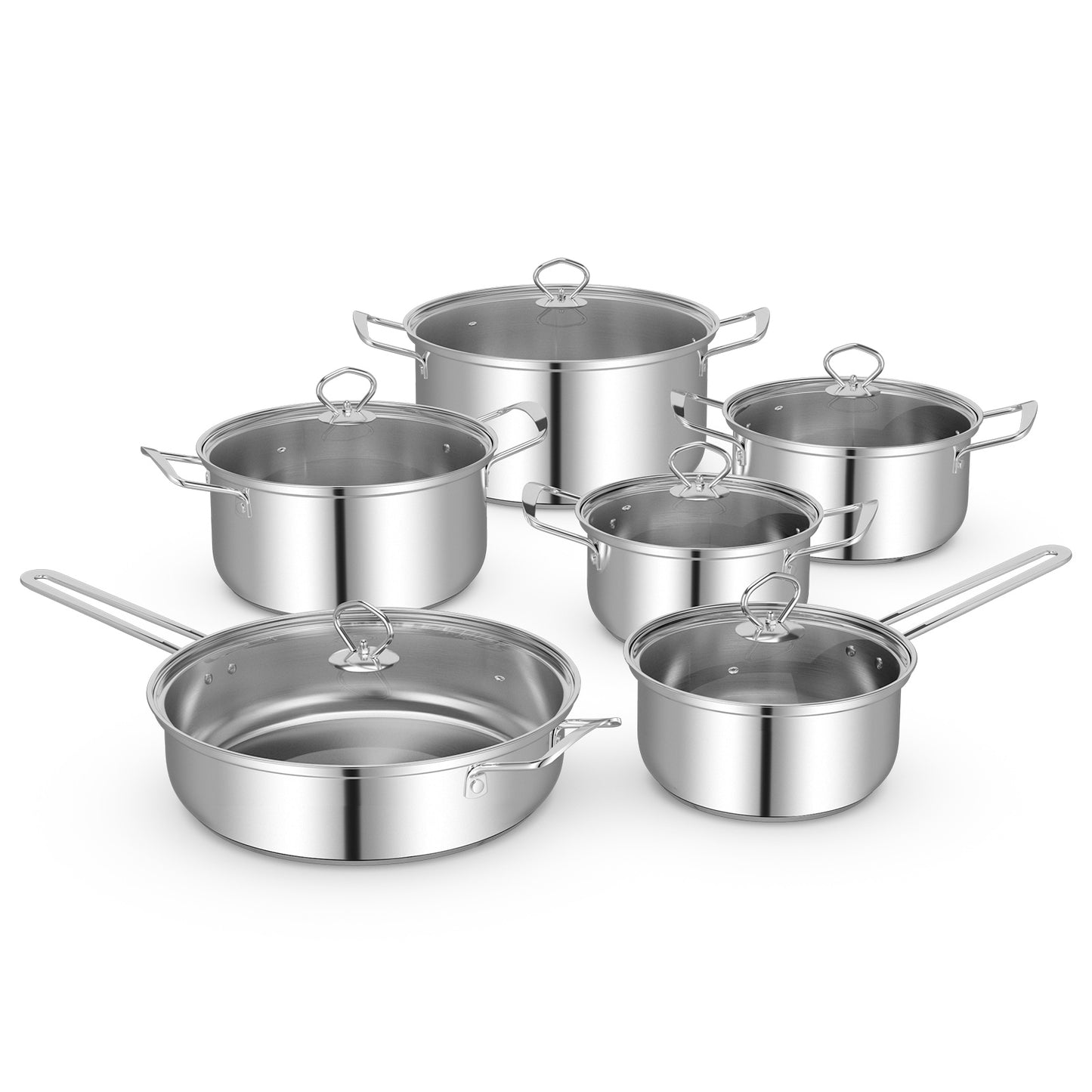 12 Piece Pots and Pans Set with Tempered Glass Lids and Handles, Silver Cookware & Bakeware Silver at Gallery Canada