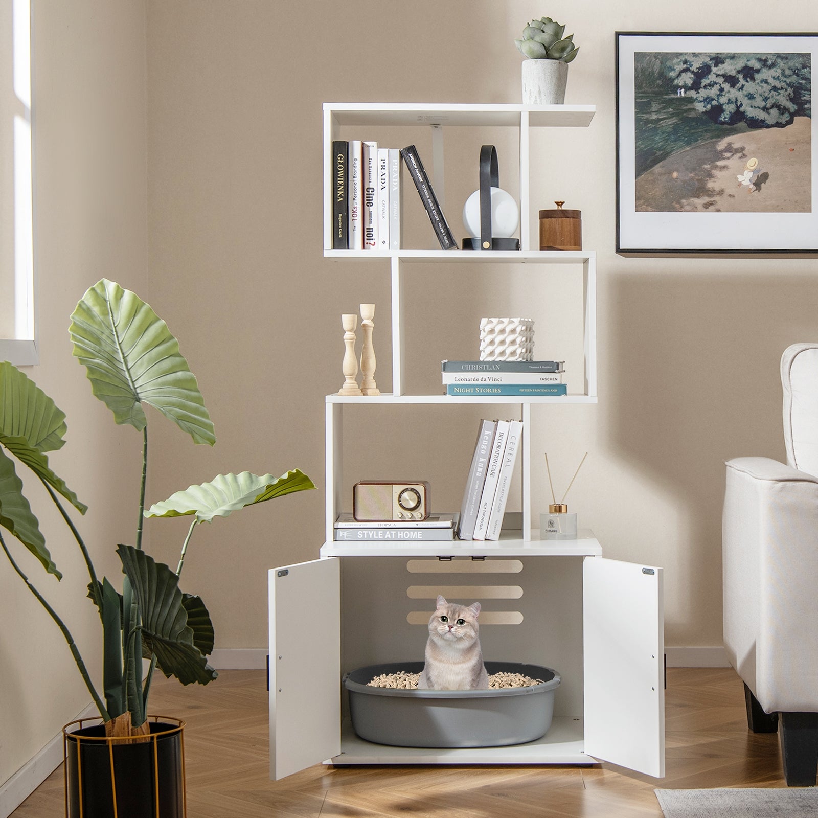 56 Inch Tall Cat Litter Box Enclosure with Storage, White Cat Houses at Gallery Canada